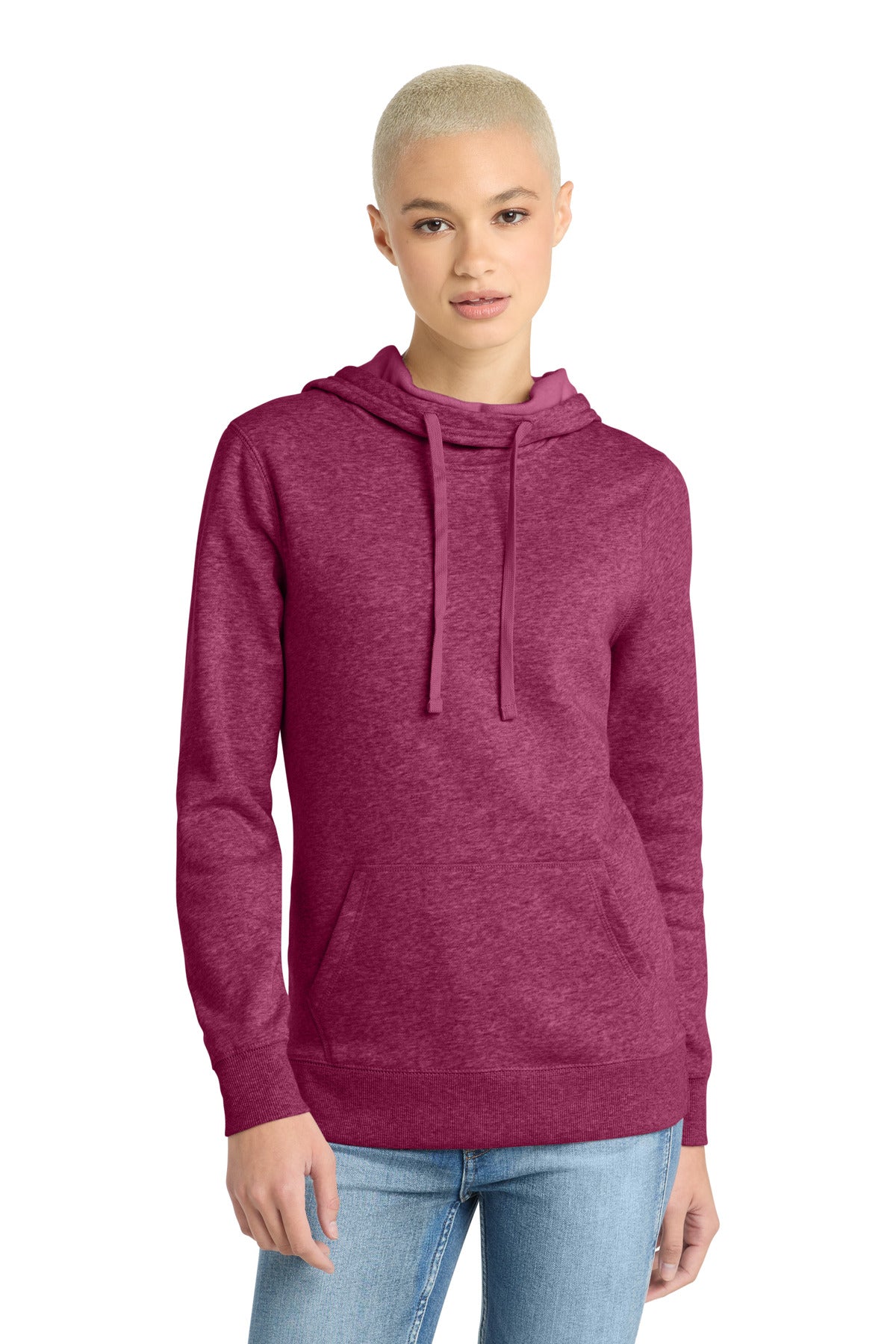 Custom logo District ® Women's Lightweight Fleece Hoodie. DM493 in Heathered Pink Azalea