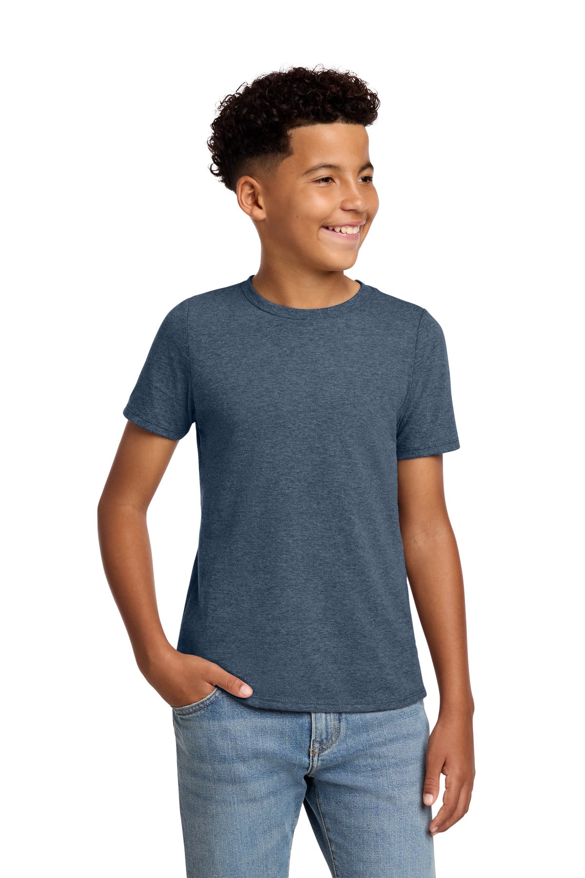 Custom logo District® Youth Perfect Blend® CVC Tee DT108Y in Heathered Navy