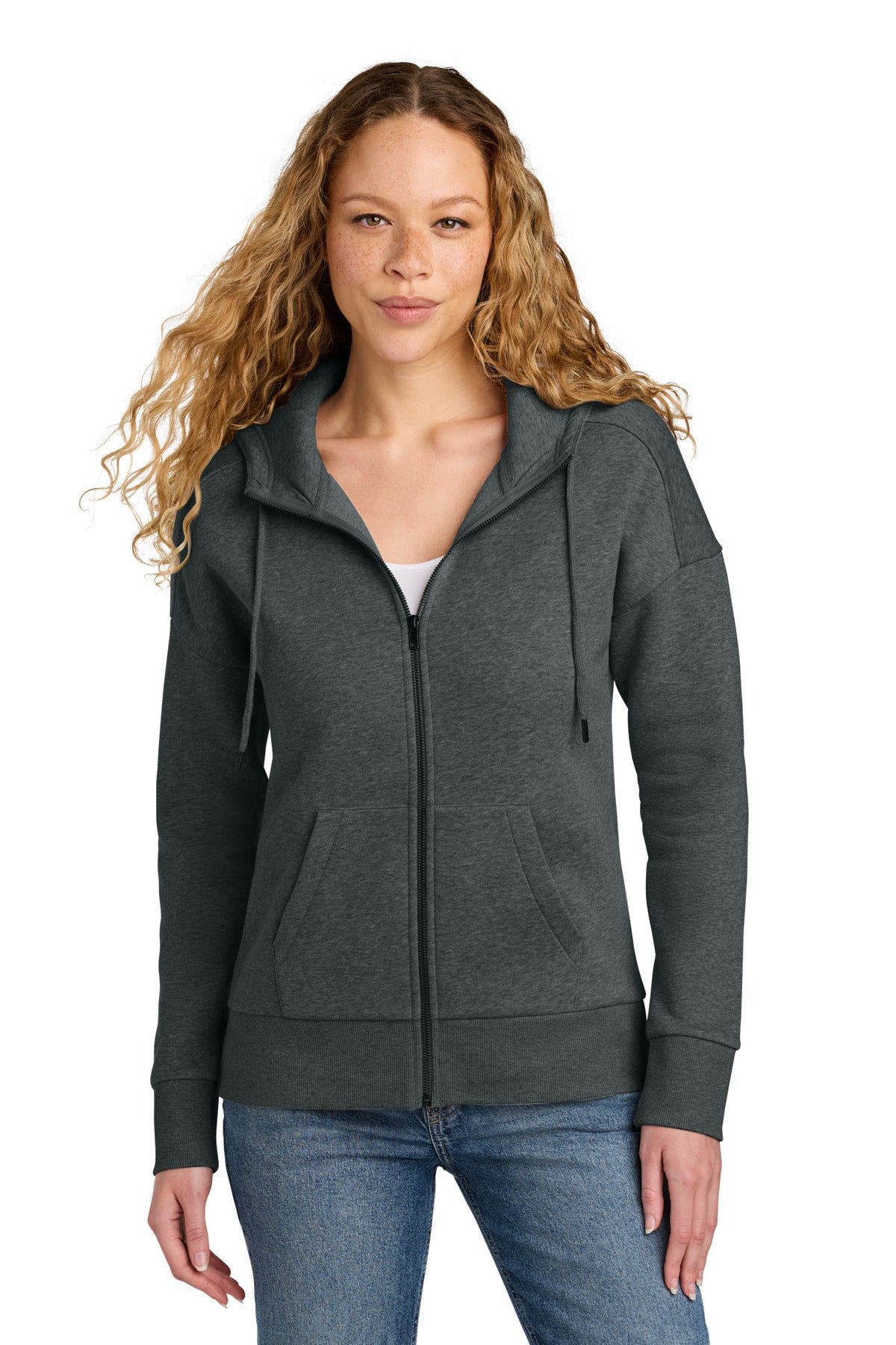 Custom logo District ® Women's Perfect Weight ® Fleece Drop Shoulder Full-Zip Hoodie DT1104 in Heathered Charcoal