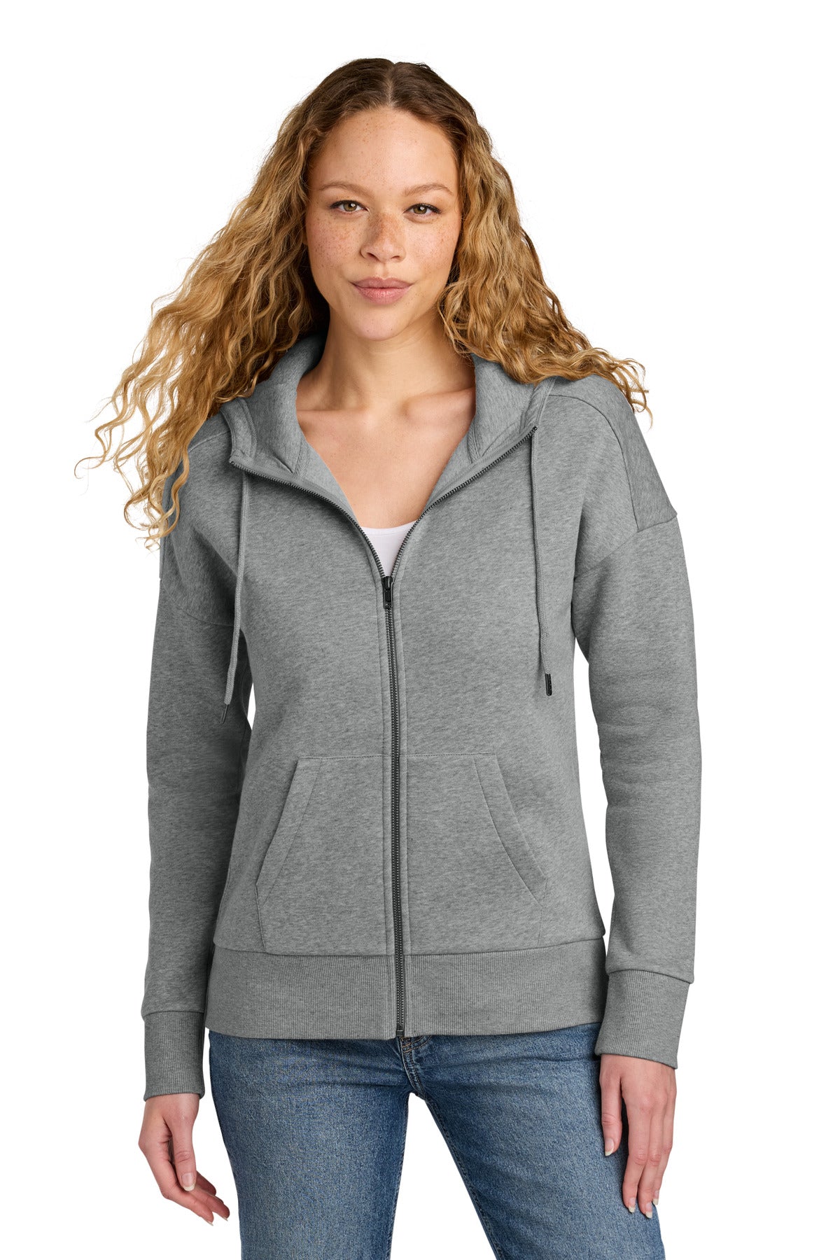 Custom logo District ® Women's Perfect Weight ® Fleece Drop Shoulder Full-Zip Hoodie DT1104 in Heathered Steel