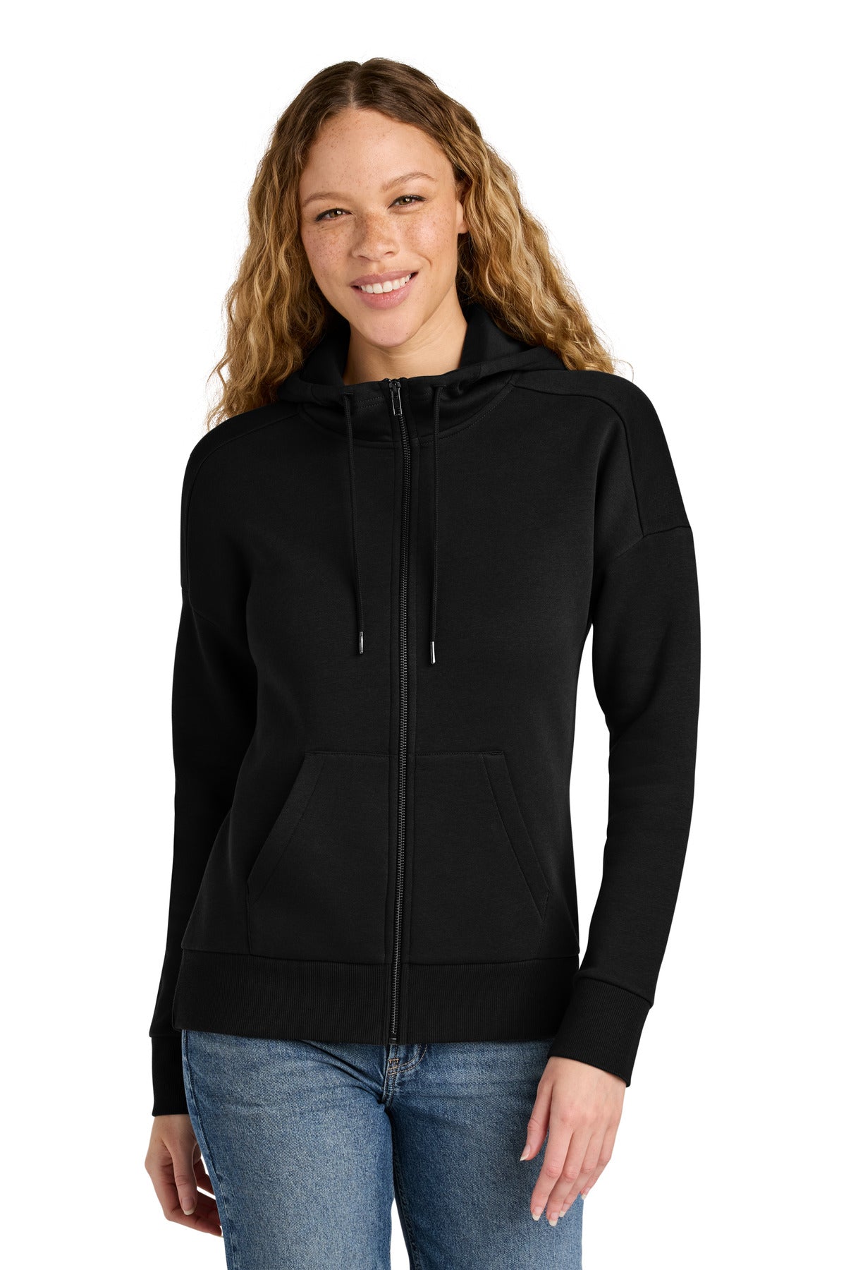 Custom logo District ® Women's Perfect Weight ® Fleece Drop Shoulder Full-Zip Hoodie DT1104 in Jet Black