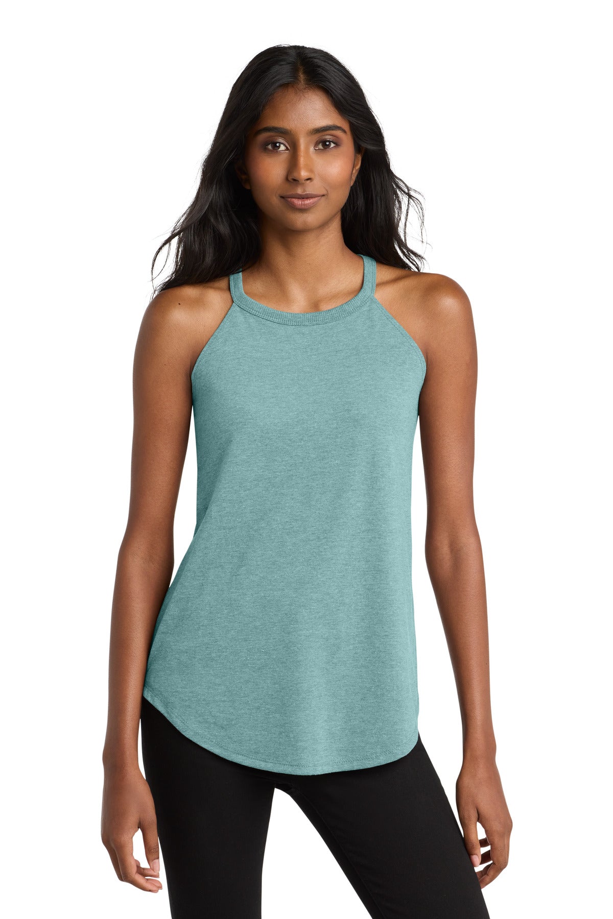 Custom logo District  ® Women's Perfect Tri ® Rocker Tank. DT137L in Heathered Eucalyptus Blue