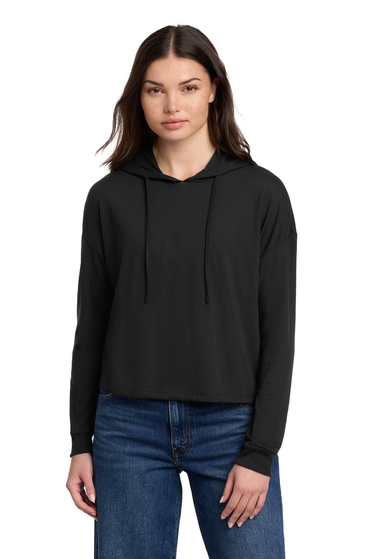 Custom logo District® Women's Perfect Tri® Midi Long Sleeve Hoodie DT1390L in Black