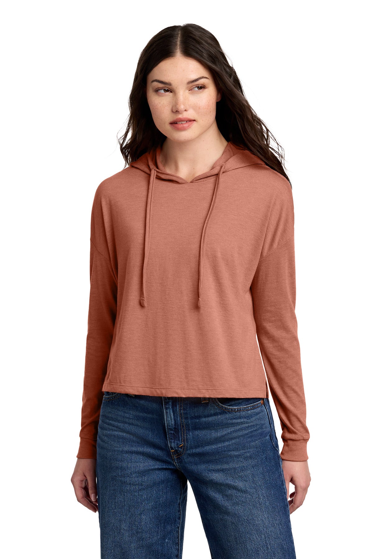 Custom logo District® Women's Perfect Tri® Midi Long Sleeve Hoodie DT1390L in Desert Rose Heather