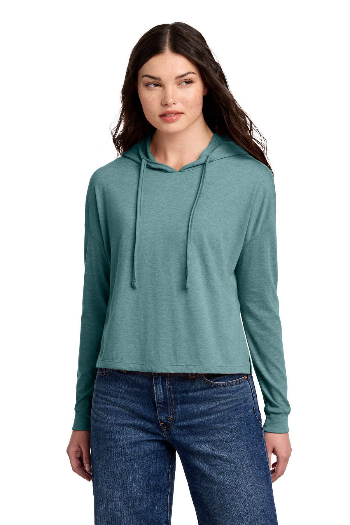Custom logo District® Women's Perfect Tri® Midi Long Sleeve Hoodie DT1390L in Heathered Eucalyptus Blue