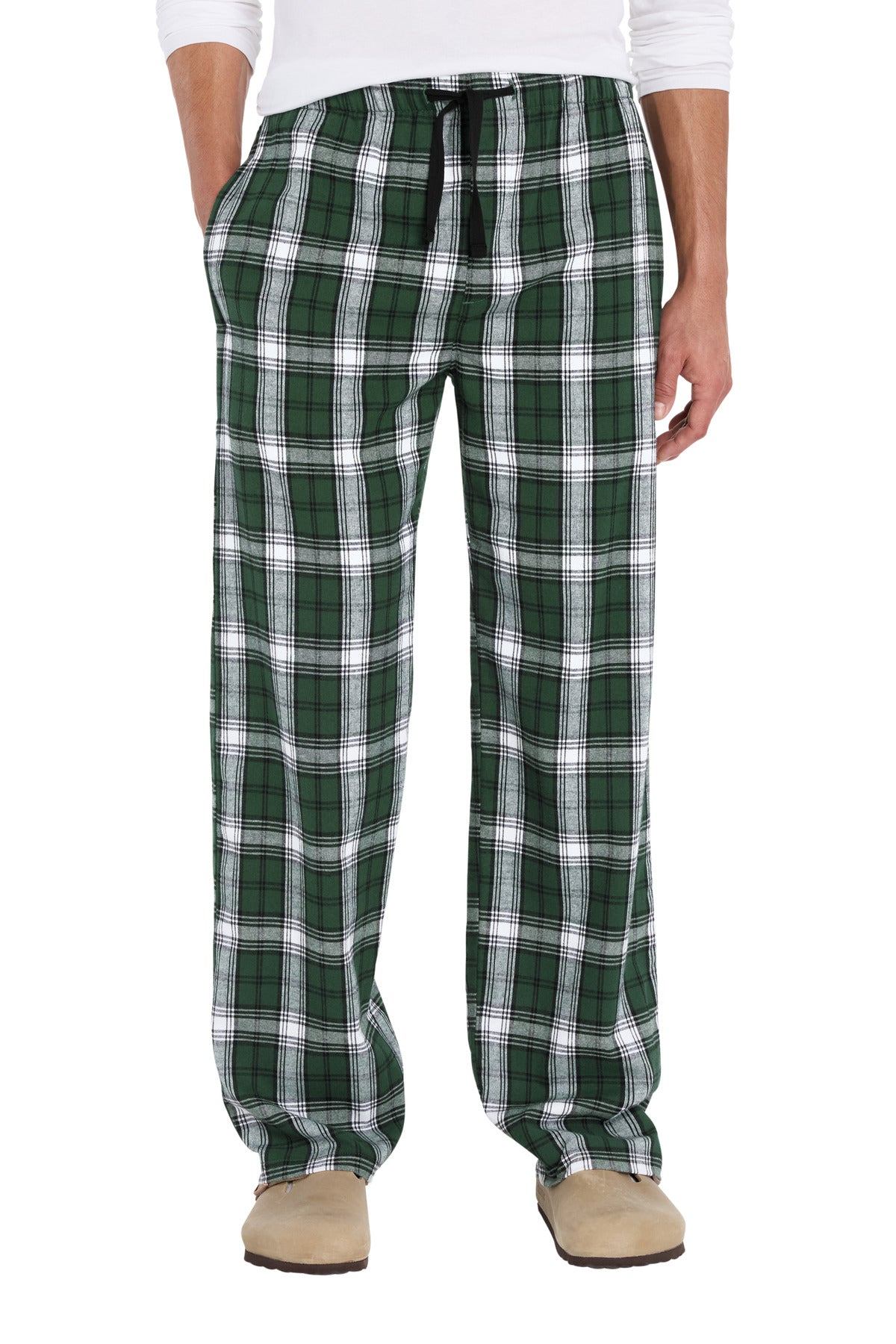 Custom logo District® Flannel Pocket Pant DT1810 in Dark Green Tartan Plaid