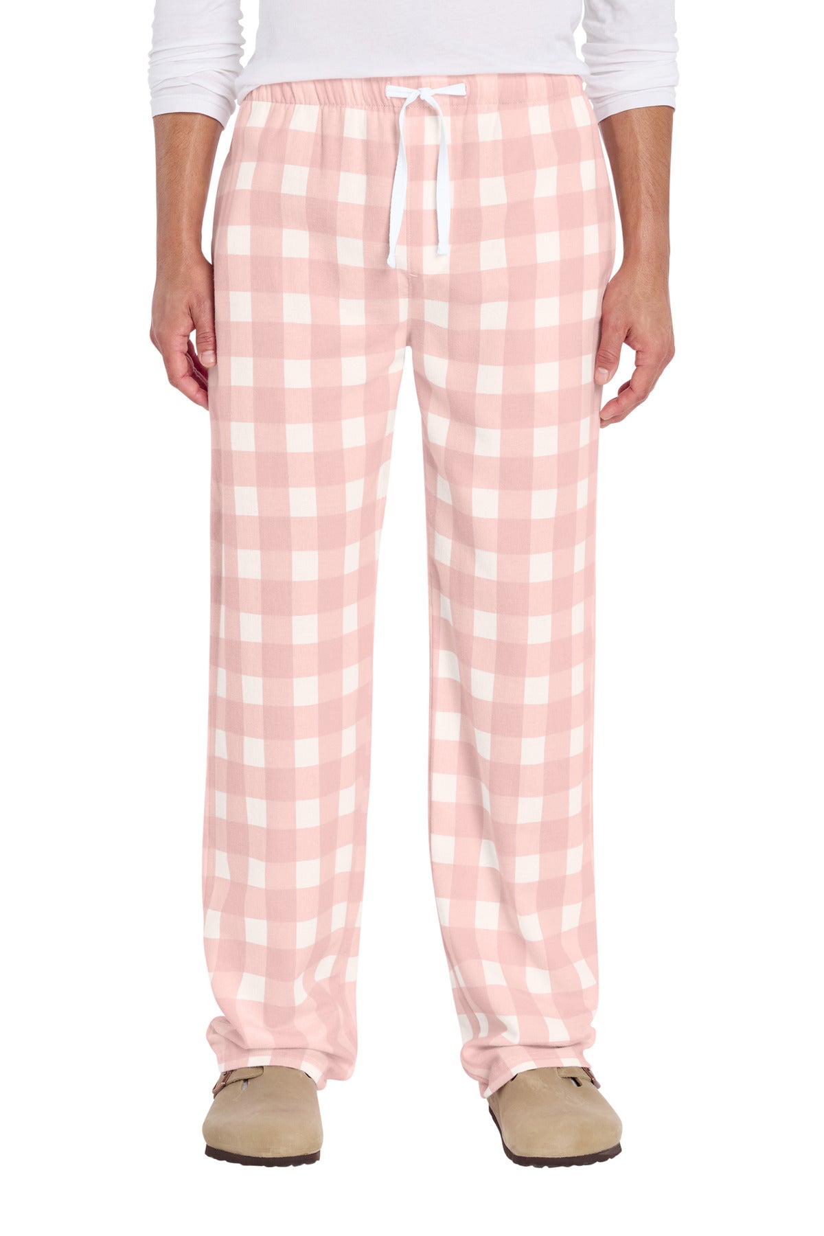 Custom logo District® Flannel Pocket Pant DT1810 in Light Pink/ White Buffalo Check
