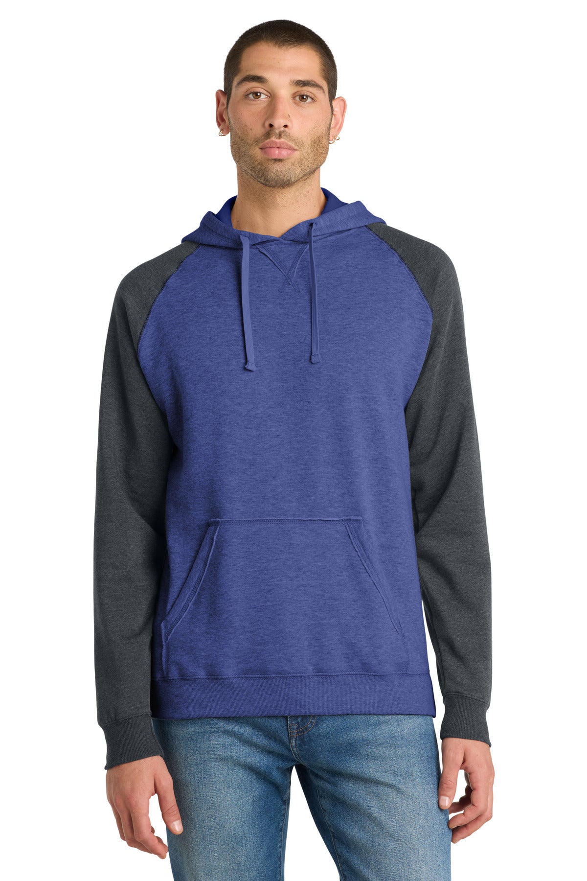 Custom logo District® Young Mens Lightweight Fleece Raglan Hoodie.  DT196 in Heathered Deep Royal/ Heathered Charcoal