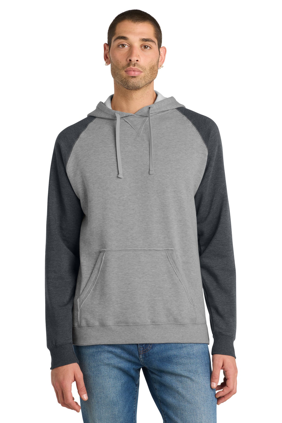 Custom logo District® Young Mens Lightweight Fleece Raglan Hoodie.  DT196 in Heathered Grey/ Heathered Charcoal