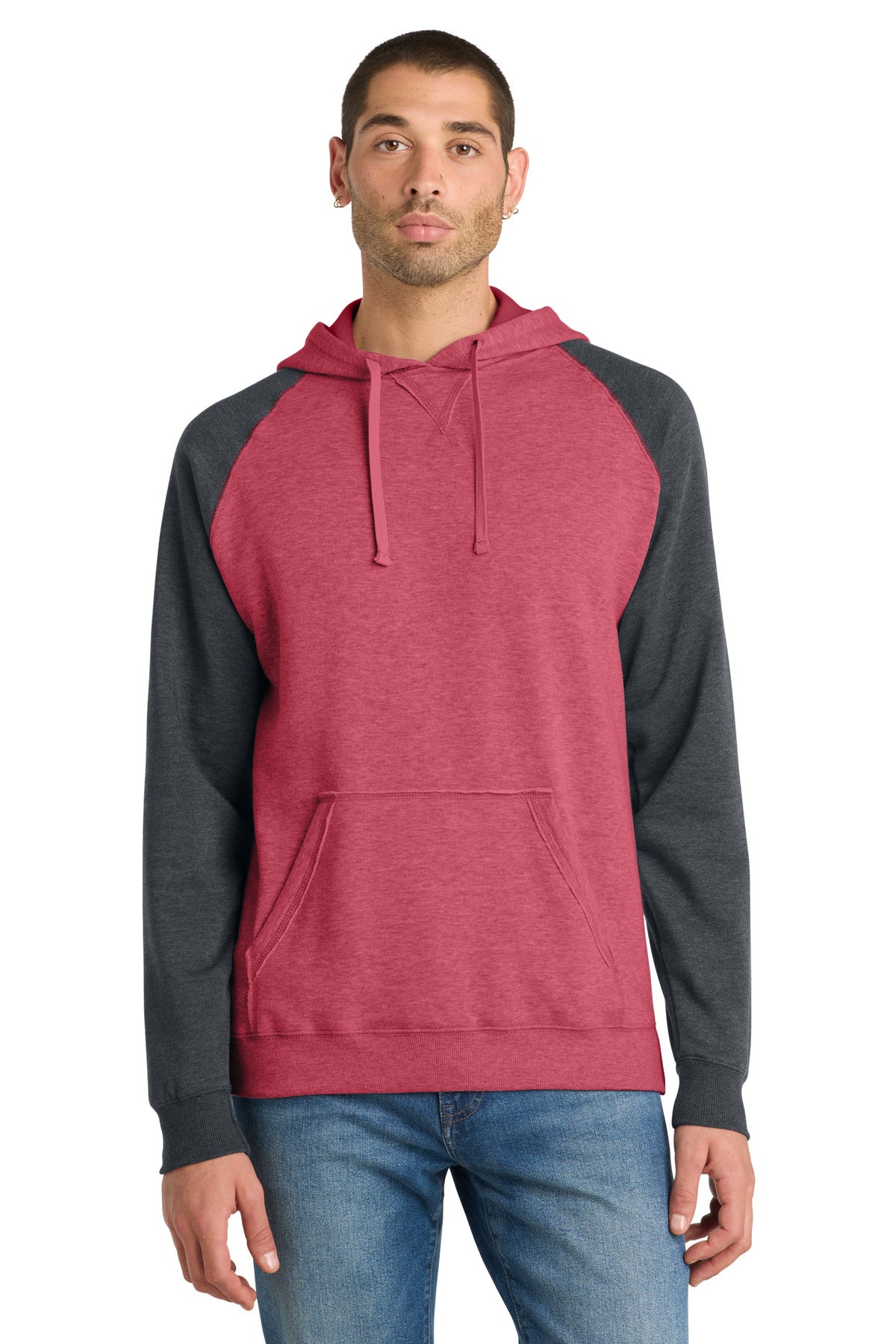 Custom logo District® Young Mens Lightweight Fleece Raglan Hoodie.  DT196 in Heathered Red/ Heathered Charcoal