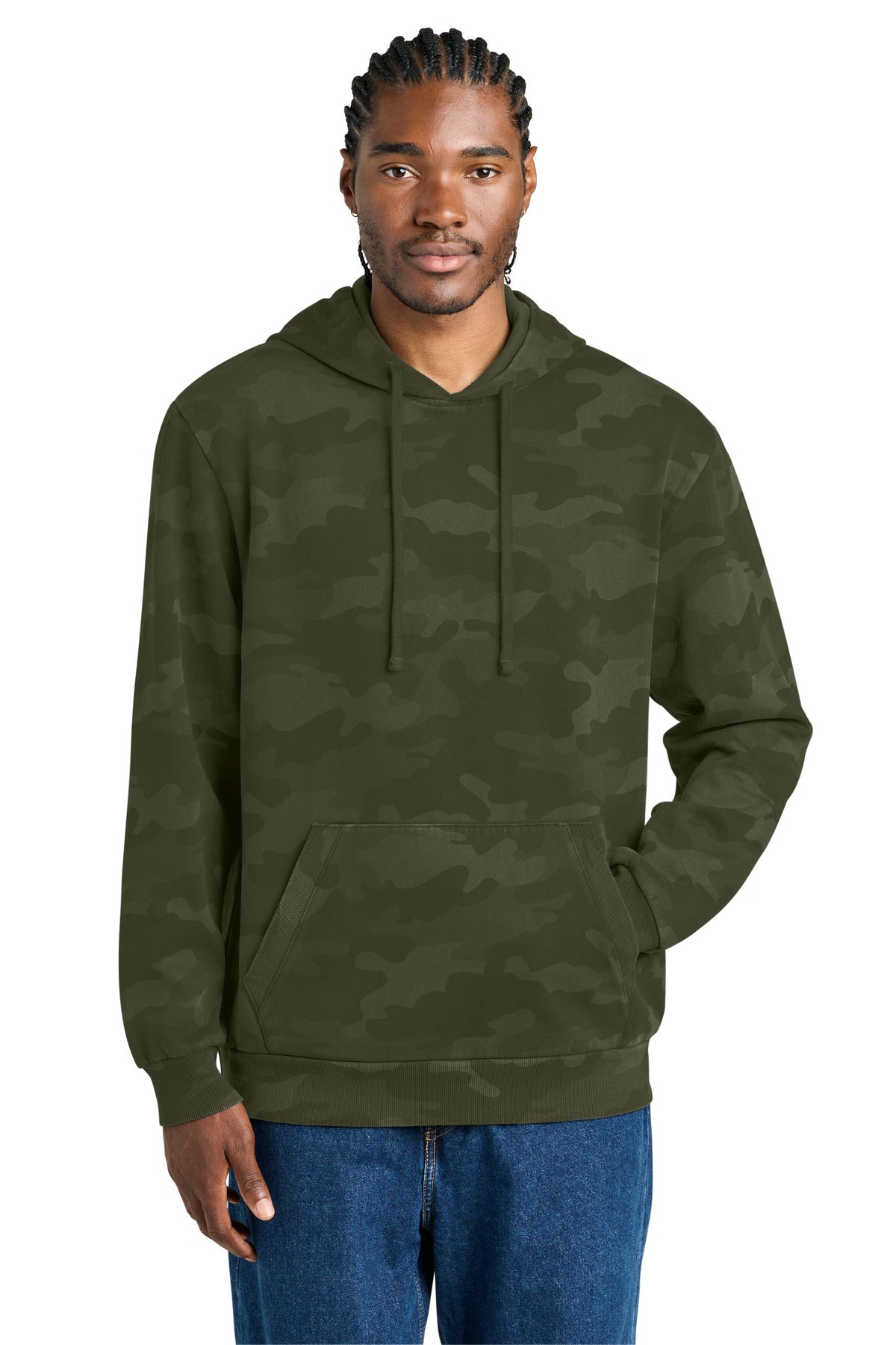 Custom logo District Wash™ Camo Fleece Hoodie DT2200C in Olive Drab Green