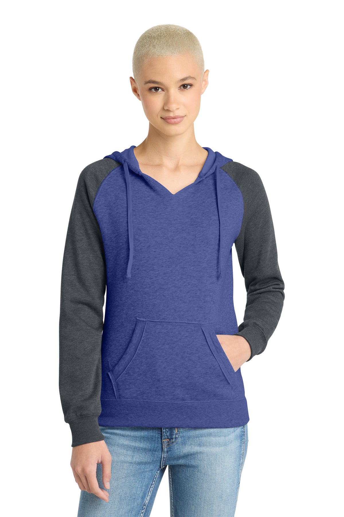 Custom logo District® Women's Lightweight Fleece Raglan Hoodie.  DT296 in Heathered Deep Royal/ Heathered Charcoal