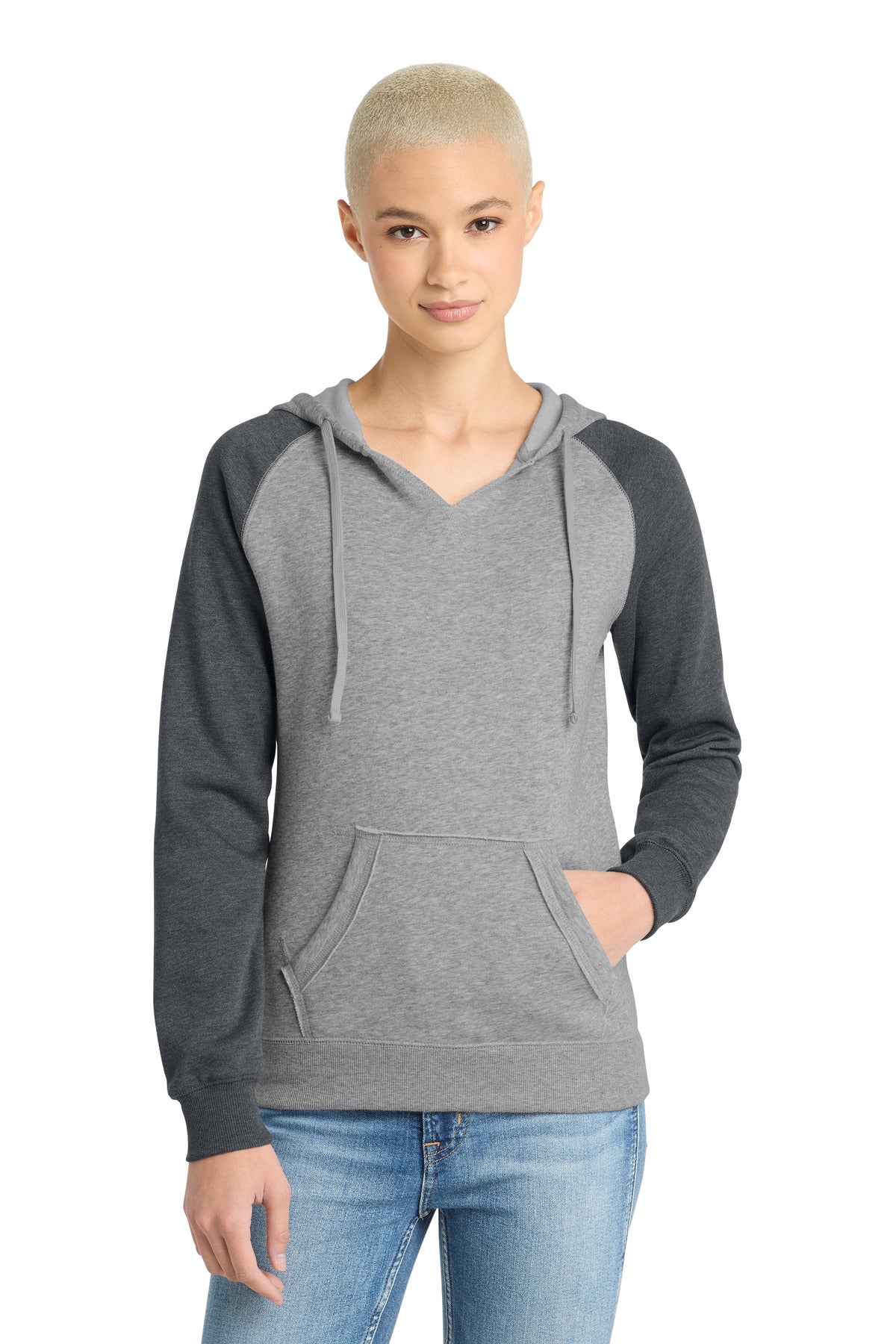 Custom logo District® Women's Lightweight Fleece Raglan Hoodie.  DT296 in Heathered Grey/ Heathered Charcoal