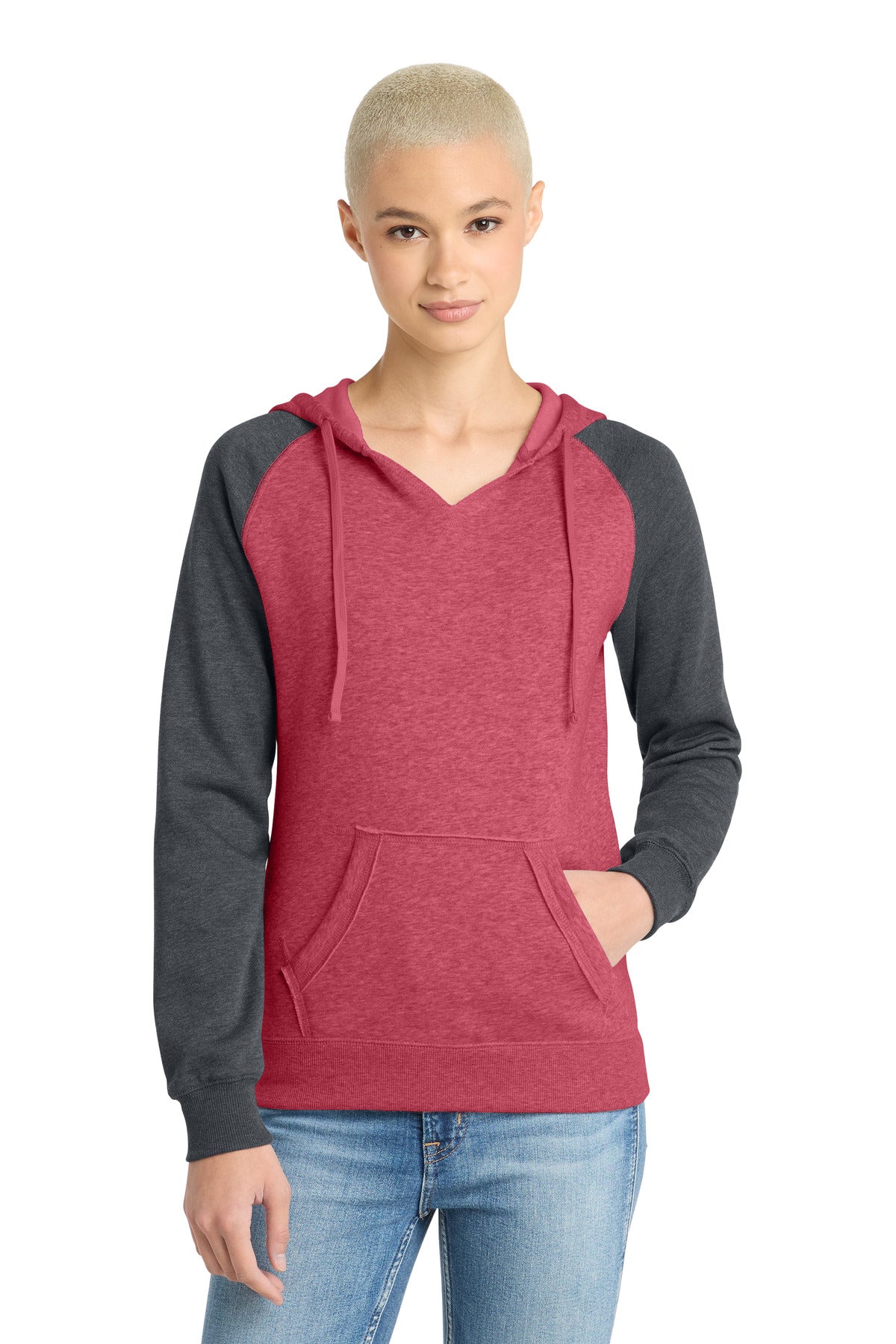 Custom logo District® Women's Lightweight Fleece Raglan Hoodie.  DT296 in Heathered Red/ Heathered Charcoal