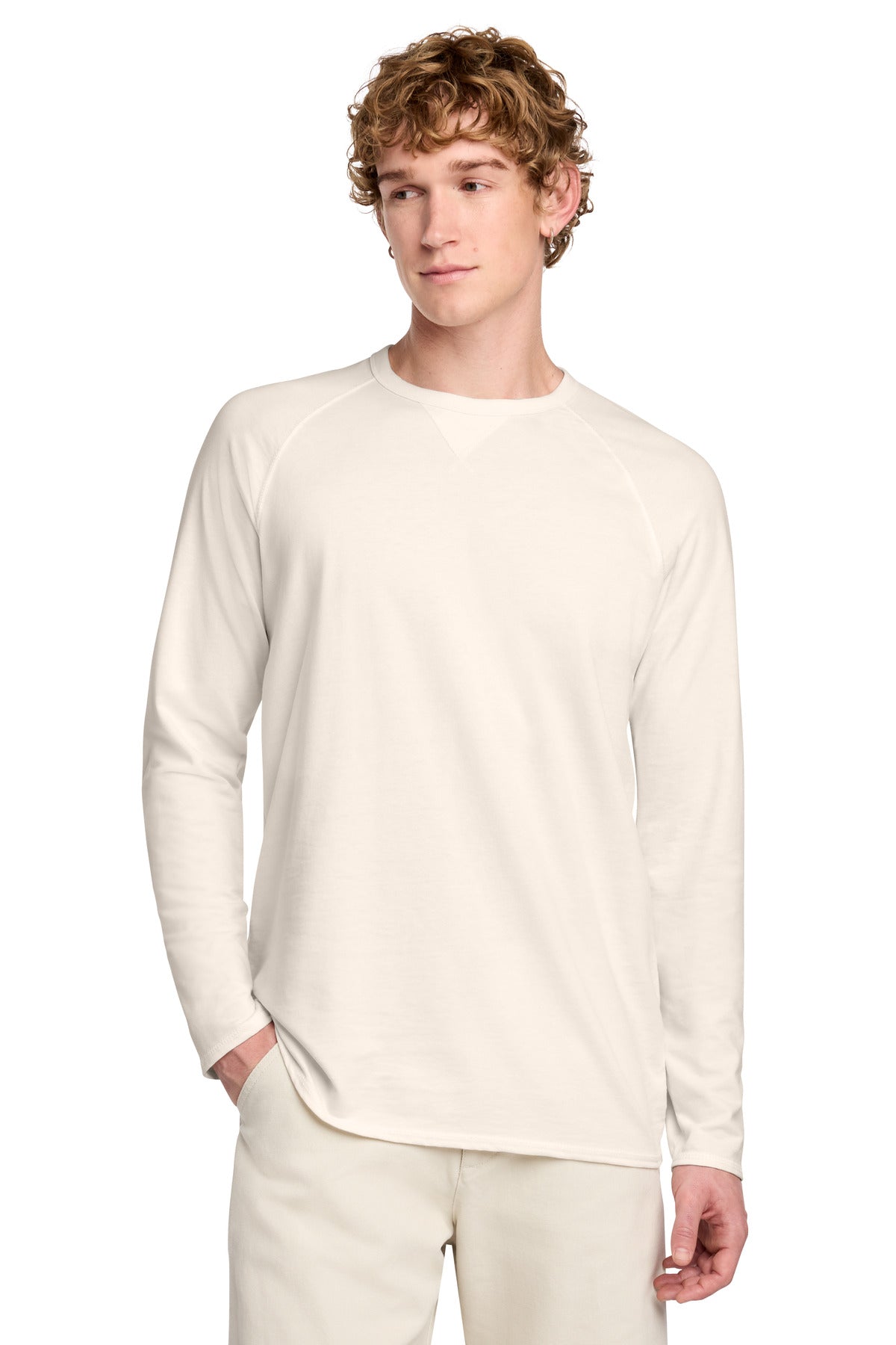 Custom logo District® Featherweight French Terry™ Long Sleeve Crewneck DT572 in Gardenia