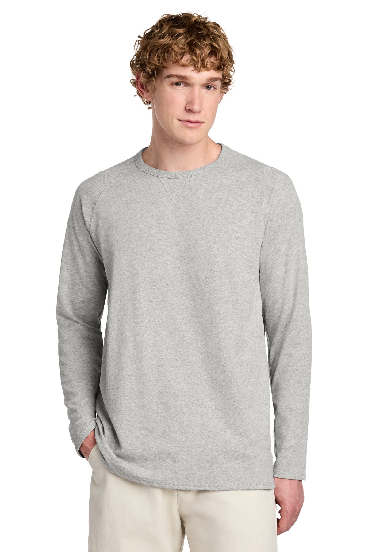 Custom logo District® Featherweight French Terry™ Long Sleeve Crewneck DT572 in Light Heather Grey