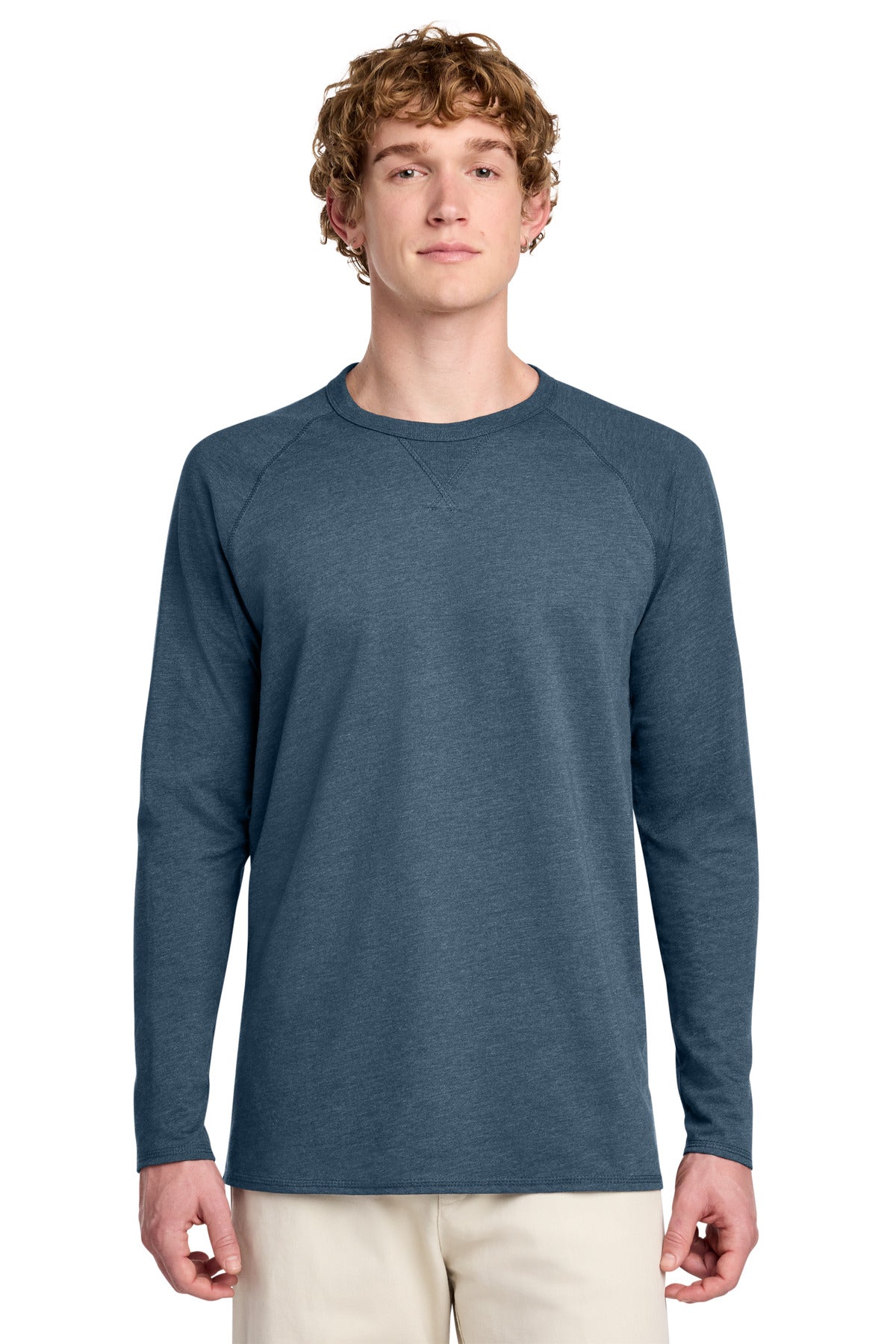 Custom logo District® Featherweight French Terry™ Long Sleeve Crewneck DT572 in Washed Indigo
