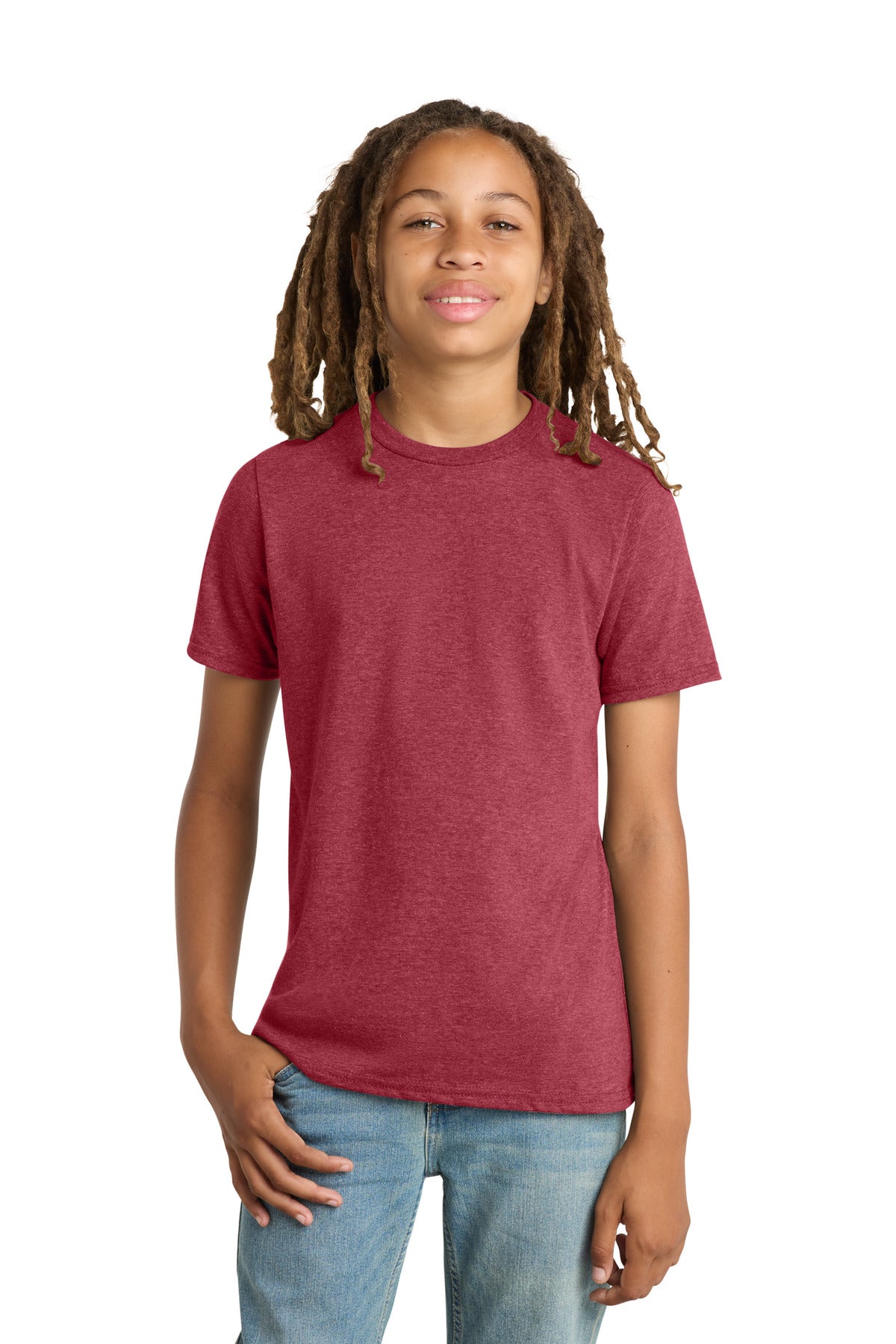 Custom logo District® Youth Very Important Tee®. DT6000Y in Heathered Cardinal