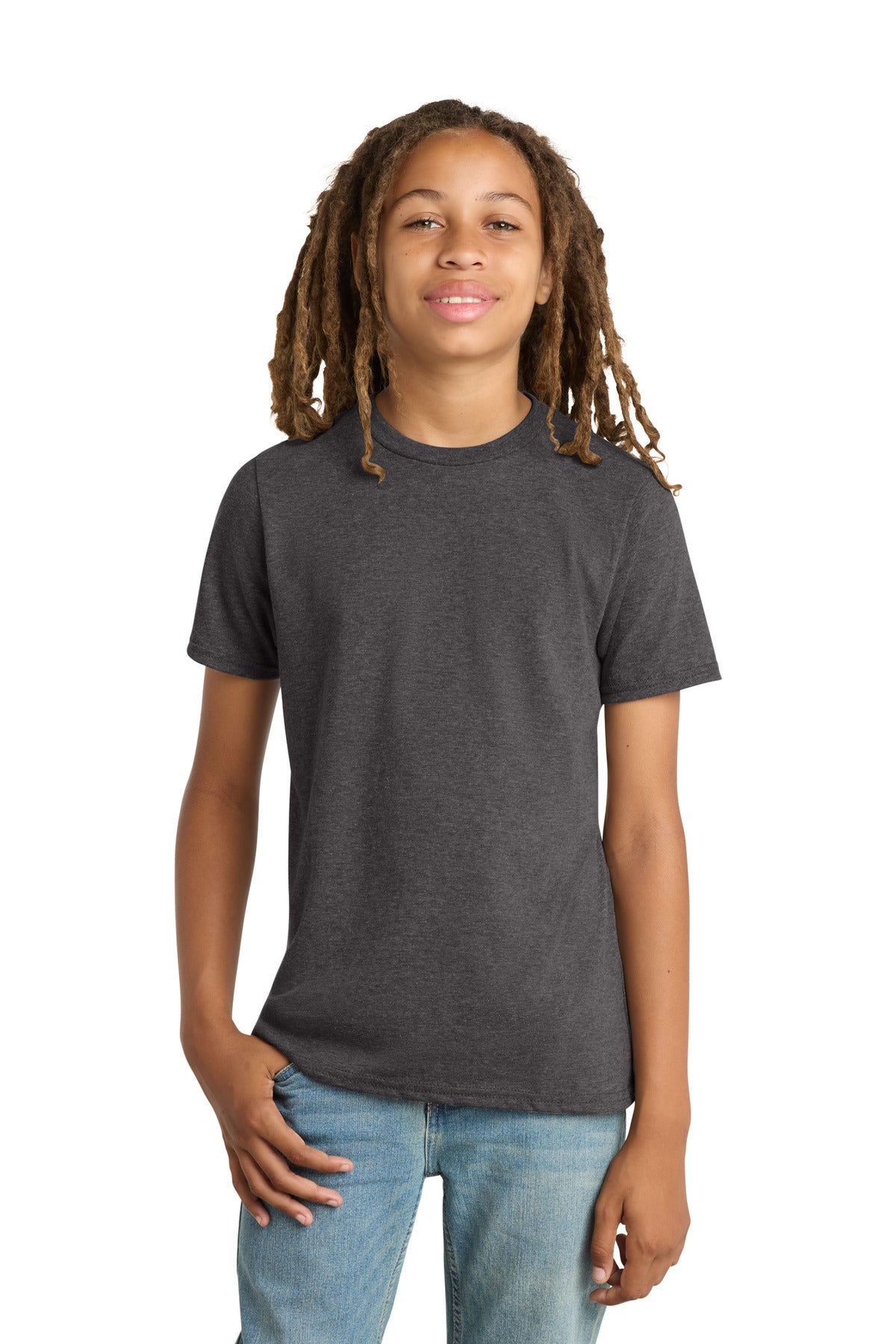 Custom logo District® Youth Very Important Tee®. DT6000Y in Heathered Charcoal