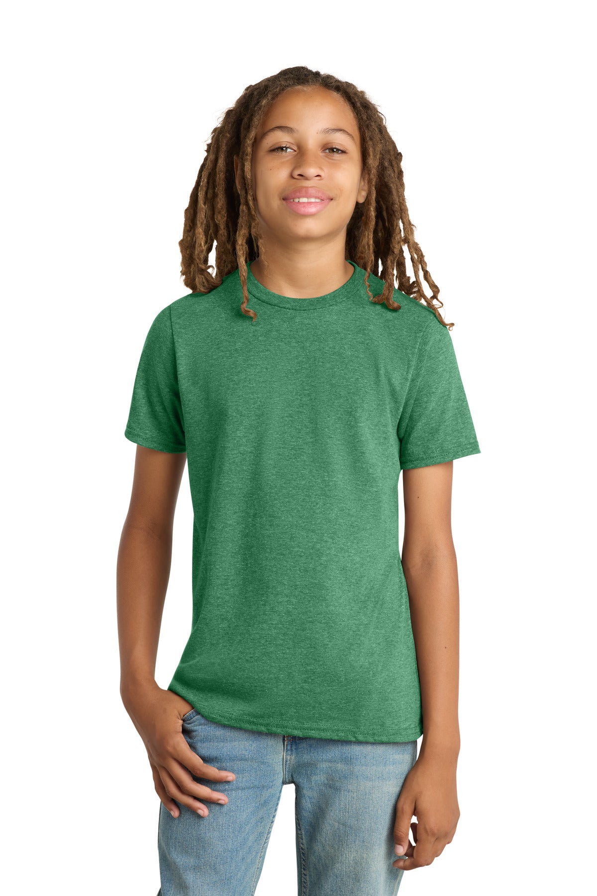Custom logo District® Youth Very Important Tee®. DT6000Y in Heathered Kelly Green