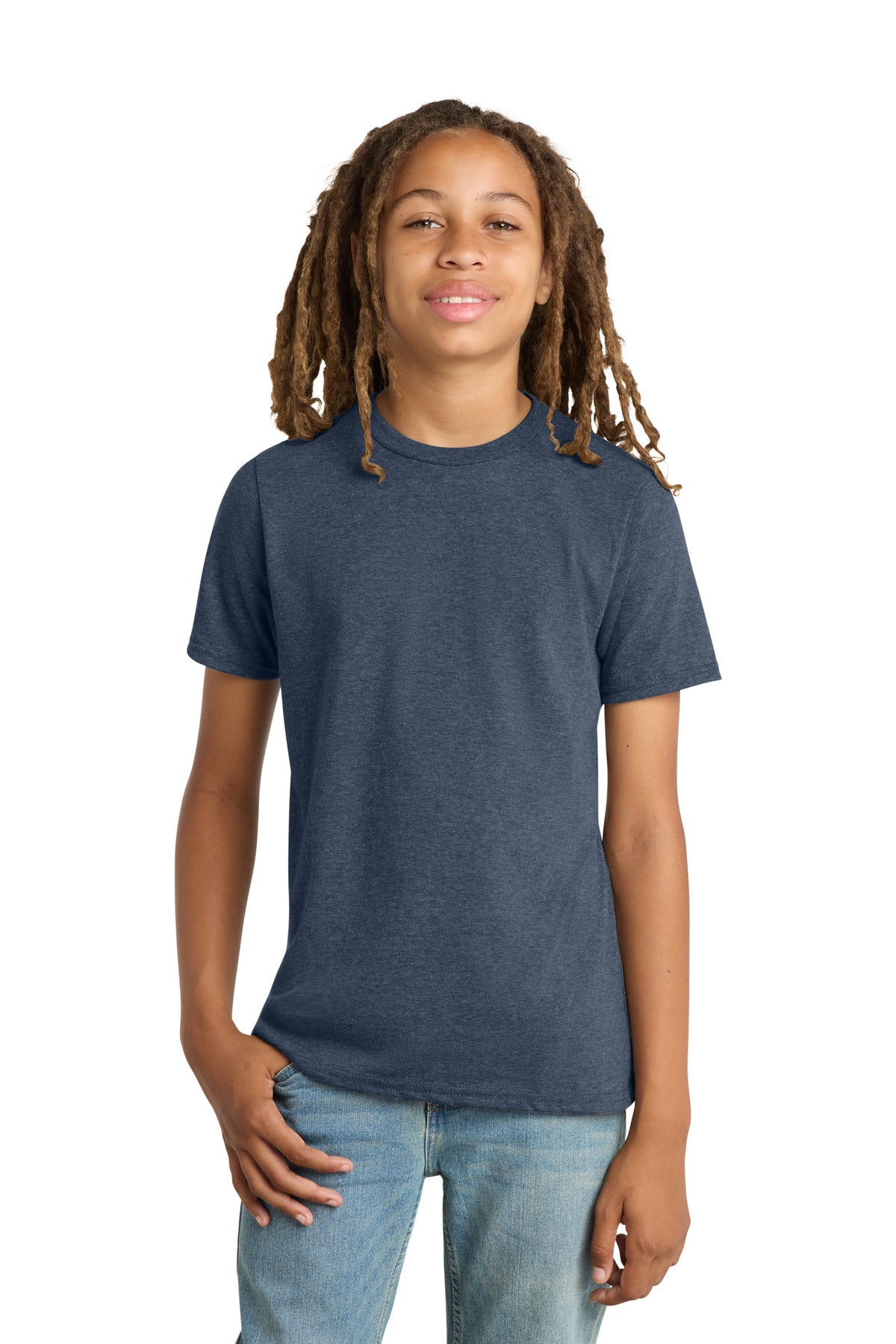 Custom logo District® Youth Very Important Tee®. DT6000Y in Heathered Navy