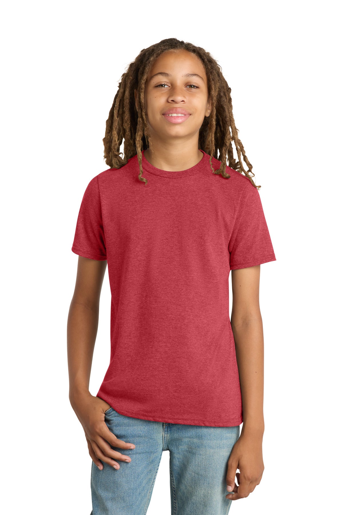 Custom logo District® Youth Very Important Tee®. DT6000Y in Heathered Red