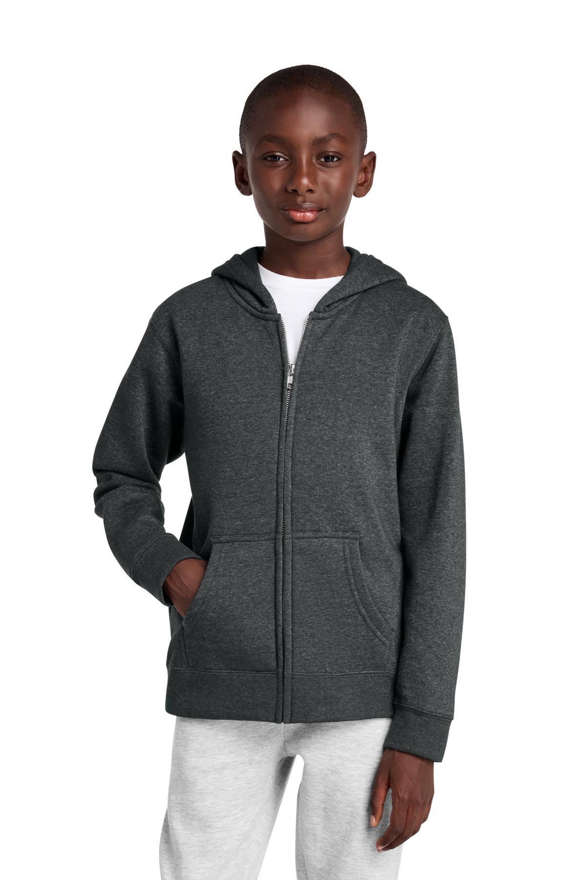 Custom logo District® Youth V.I.T.™ Fleece Full-Zip Hoodie DT6102Y in Heathered Charcoal