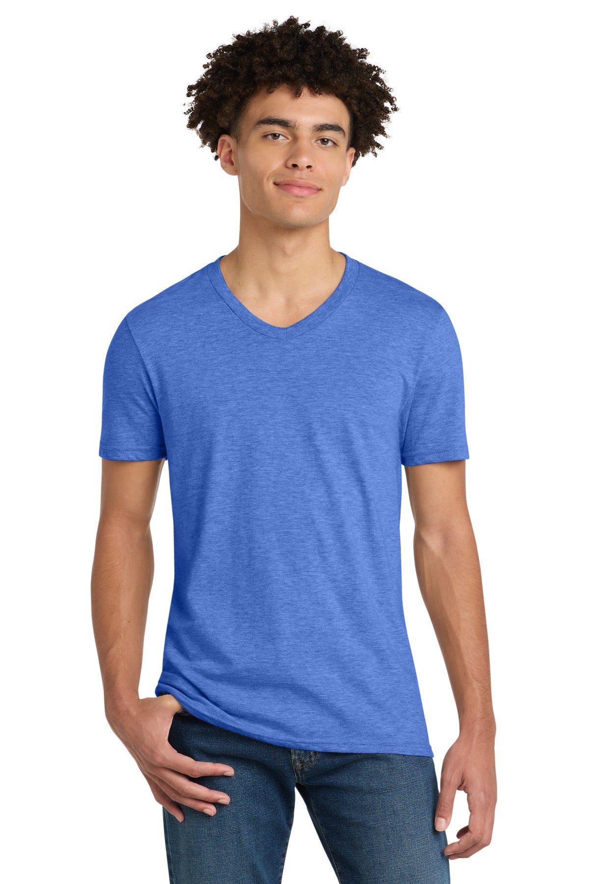 Custom logo District® Very Important Tee® V-Neck. DT6500 in Heathered Royal