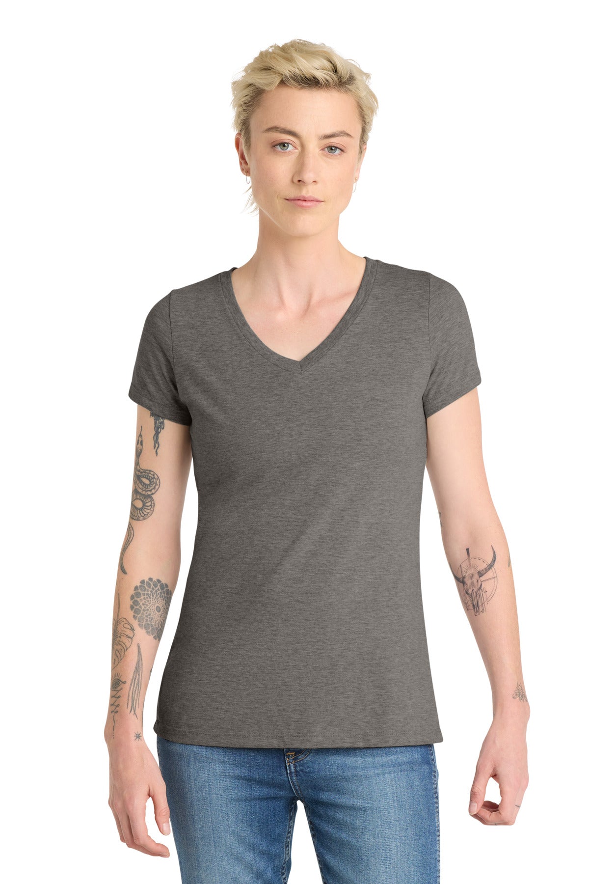 Custom logo District ® Women's Very Important Tee ® V-Neck. DT6503 in Grey Frost