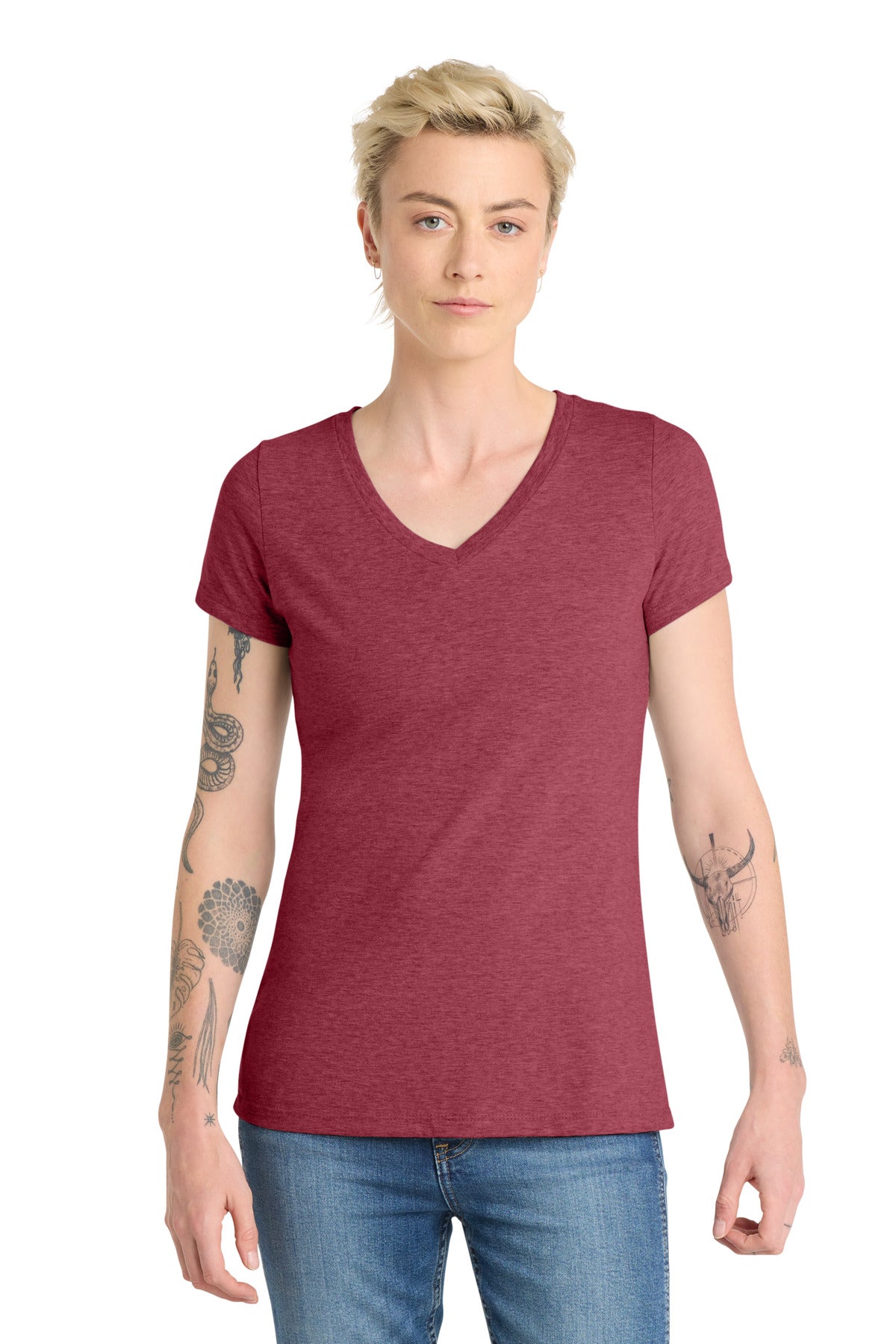 Custom logo District ® Women's Very Important Tee ® V-Neck. DT6503 in Heathered Cardinal