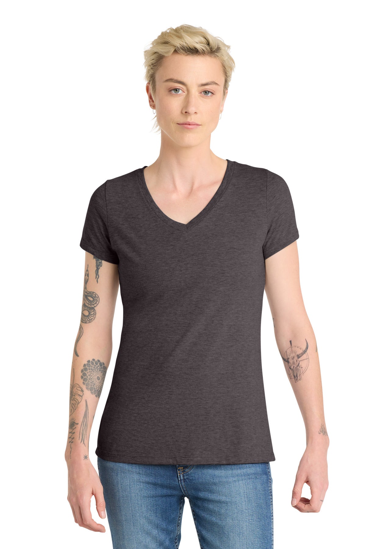 Custom logo District ® Women's Very Important Tee ® V-Neck. DT6503 in Heathered Charcoal