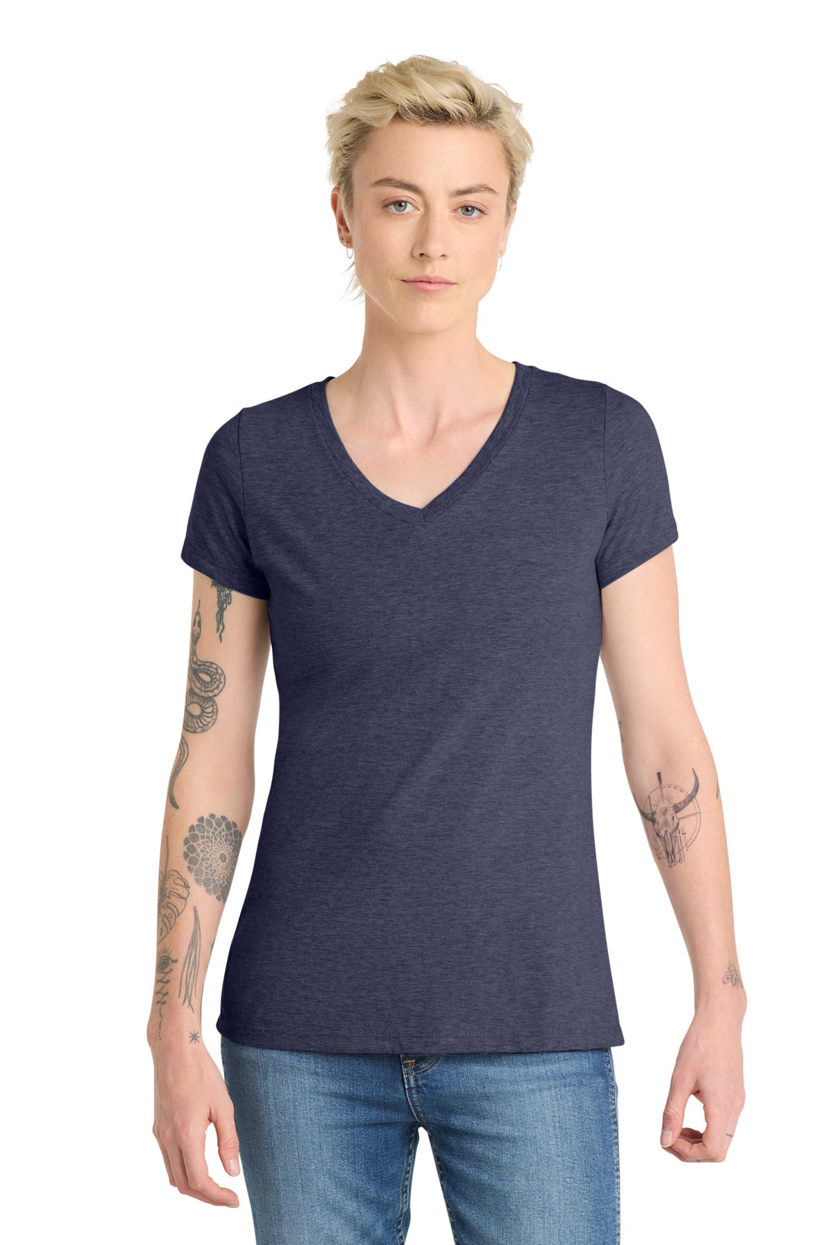 Custom logo District ® Women's Very Important Tee ® V-Neck. DT6503 in Heathered Navy