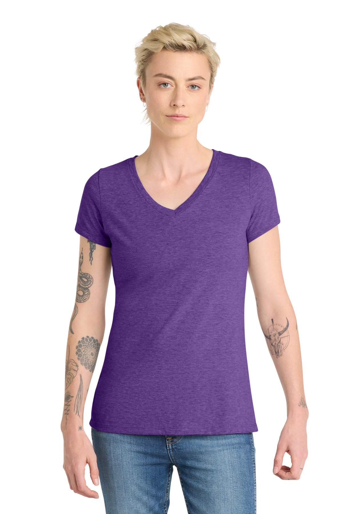 Custom logo District ® Women's Very Important Tee ® V-Neck. DT6503 in Heathered Purple