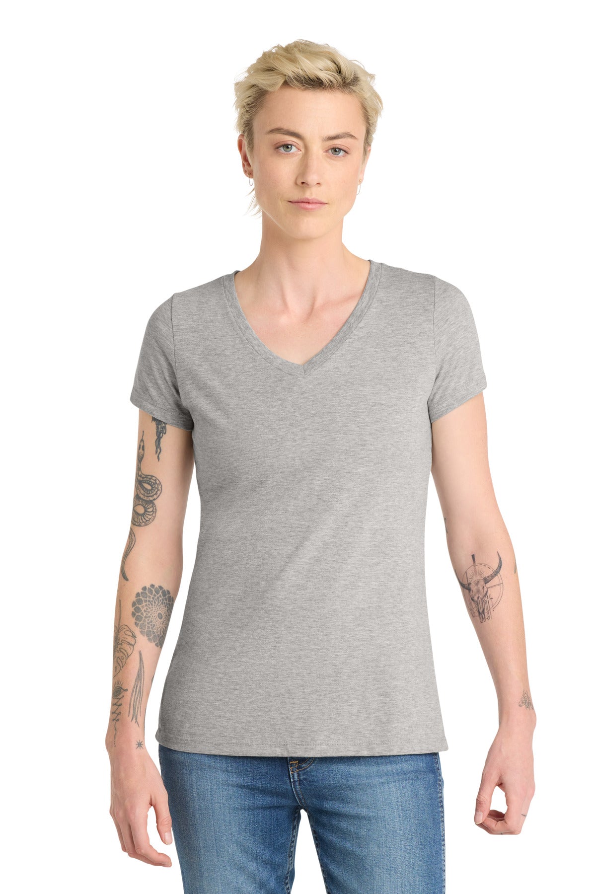 Custom logo District ® Women's Very Important Tee ® V-Neck. DT6503 in Light Heather Grey