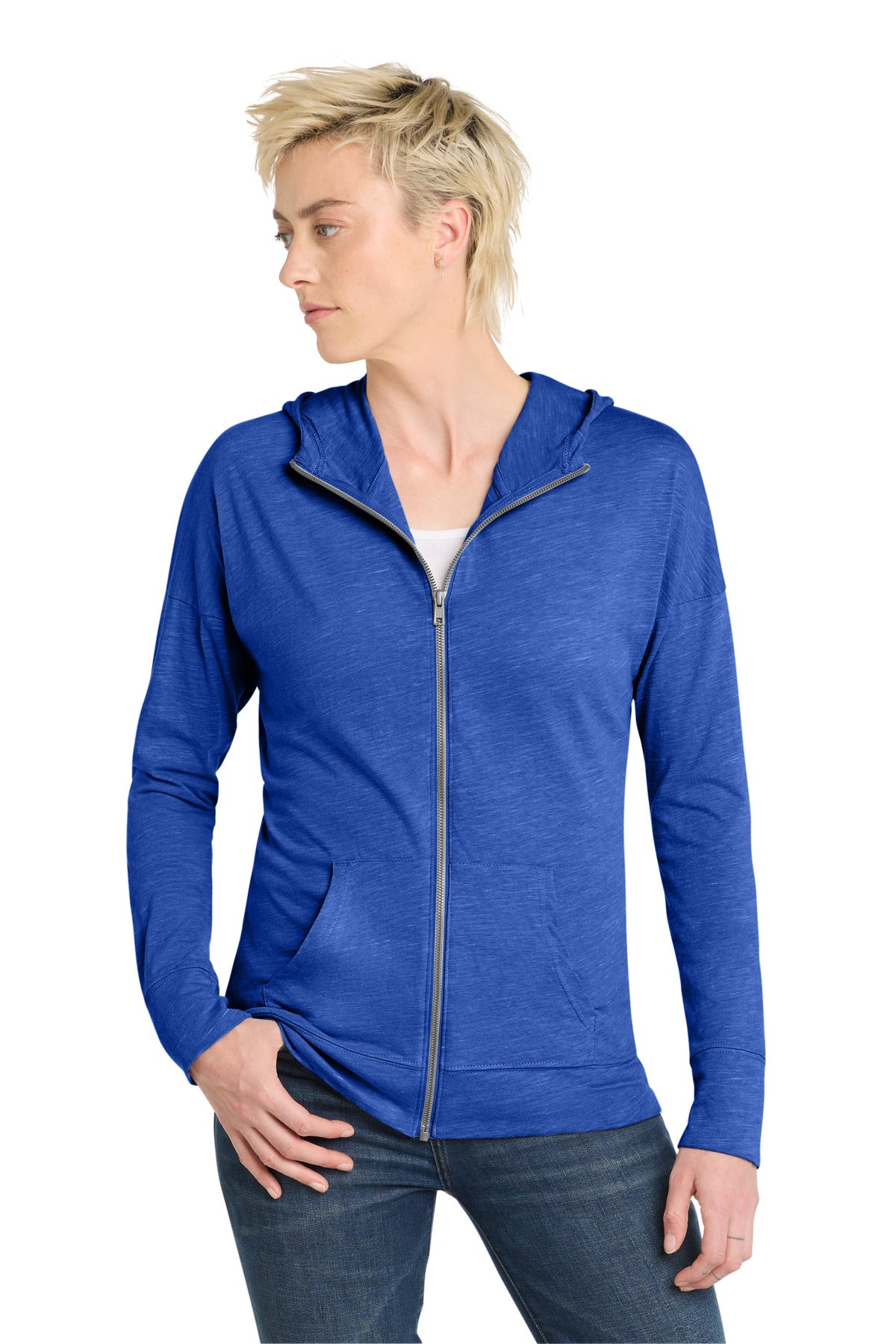 Custom logo District ® Women's Medal Full-Zip Hoodie. DT665 in Deep Royal