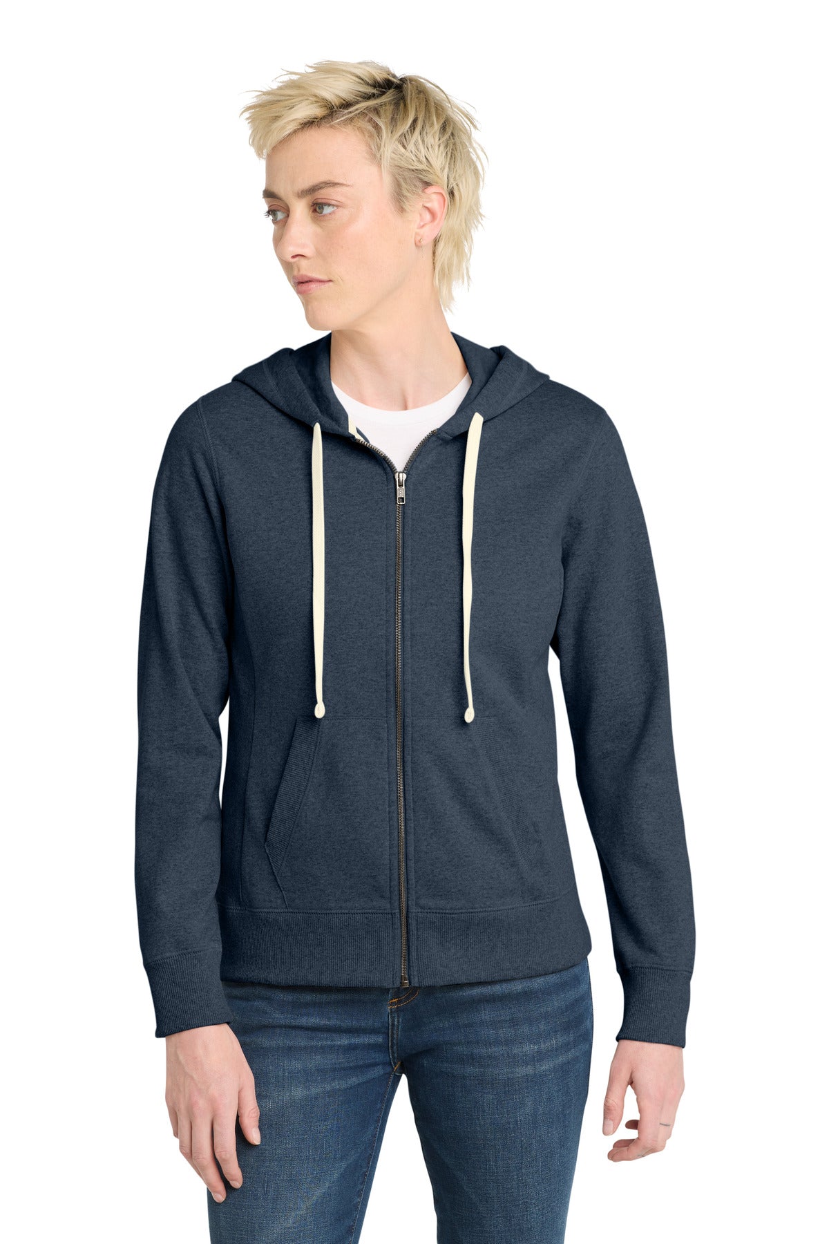 Custom logo District® Women's Re-Fleece™Full-Zip Hoodie DT8103 in Heathered Navy