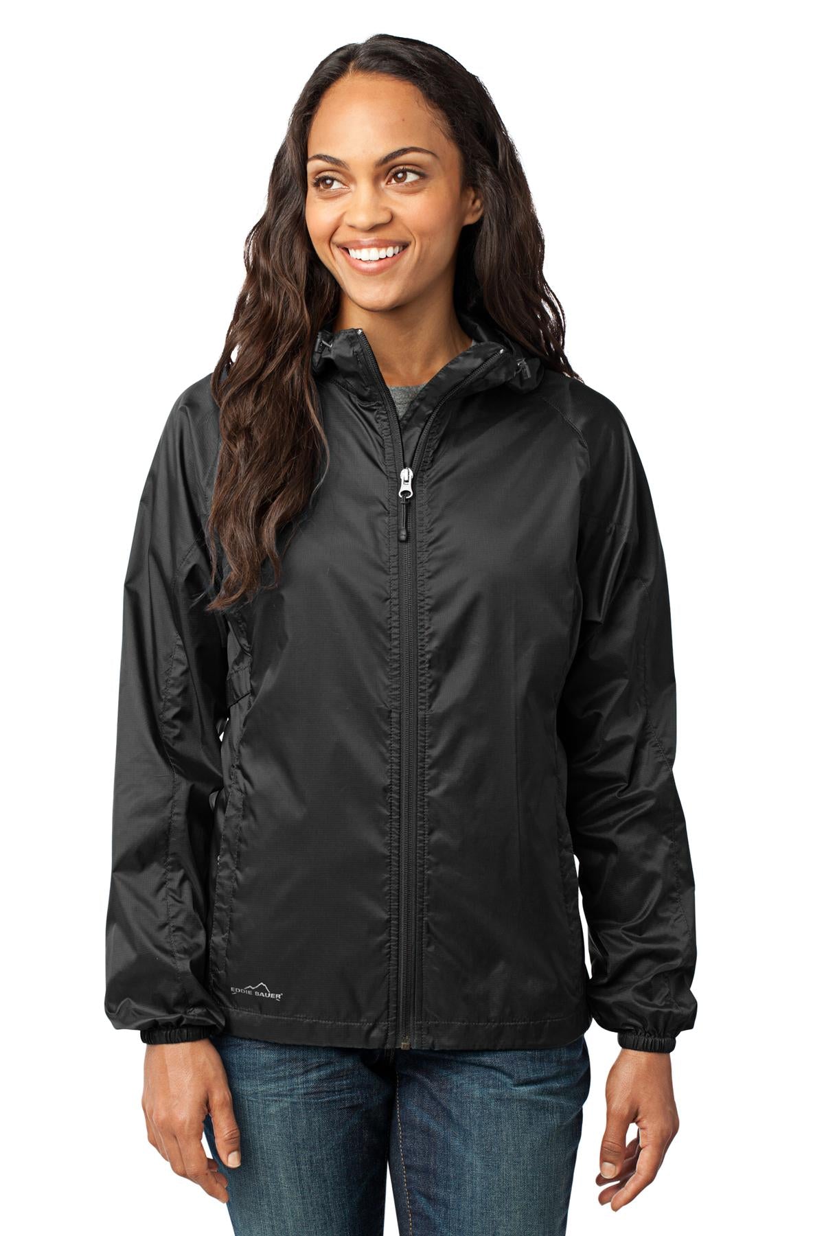 Custom logo Eddie Bauer® Women's Packable Wind Jacket. EB501 in Black