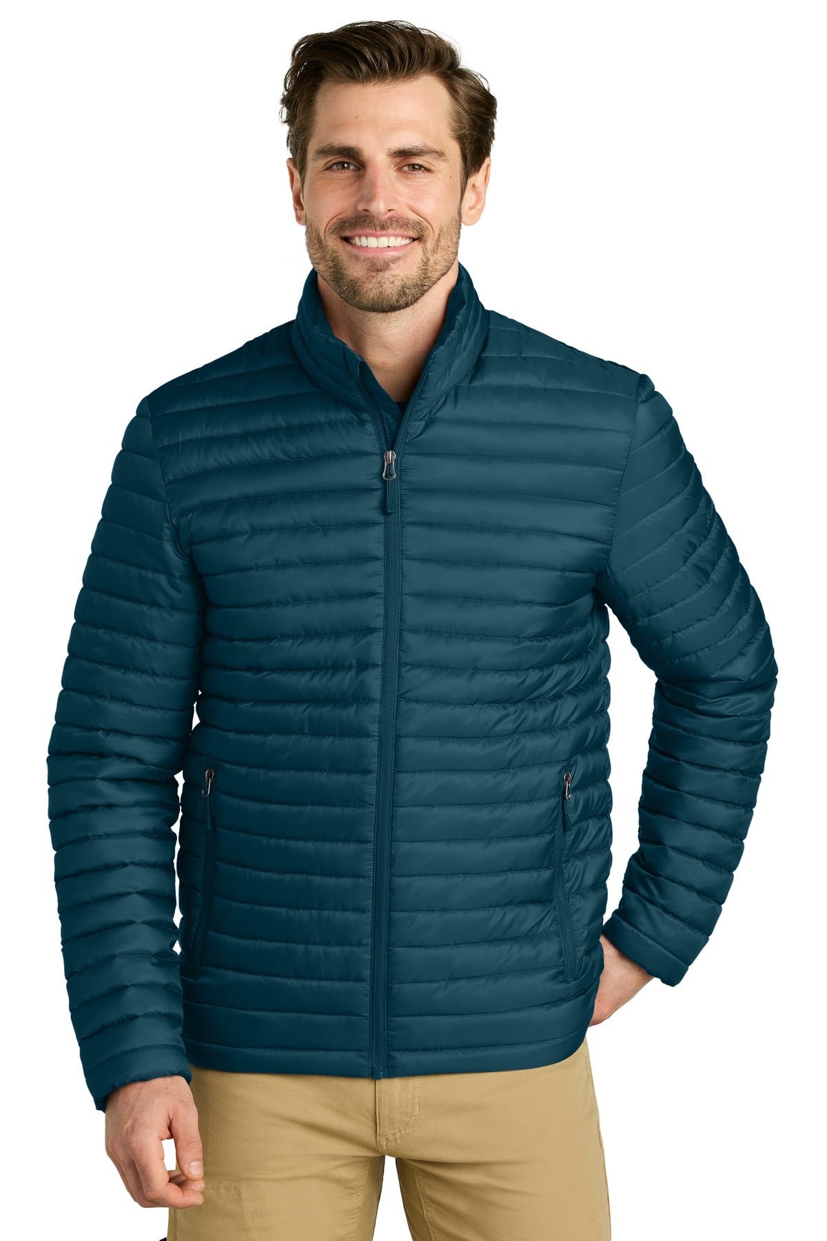 Custom logo Eddie Bauer® Packable Quilted Full-Zip EB514 in Adriatic Blue