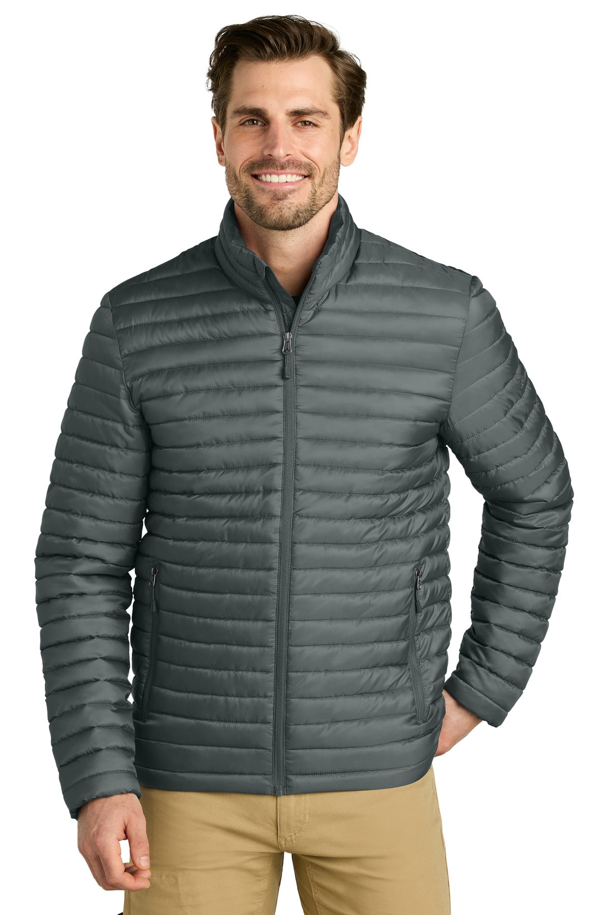 Custom logo Eddie Bauer® Packable Quilted Full-Zip EB514 in Metal Grey