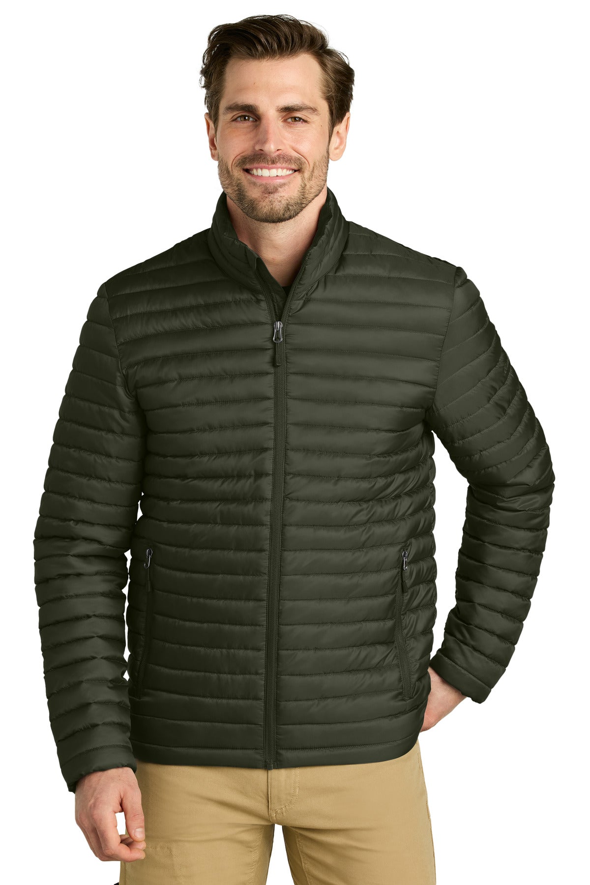 Custom logo Eddie Bauer® Packable Quilted Full-Zip EB514 in Olive Green
