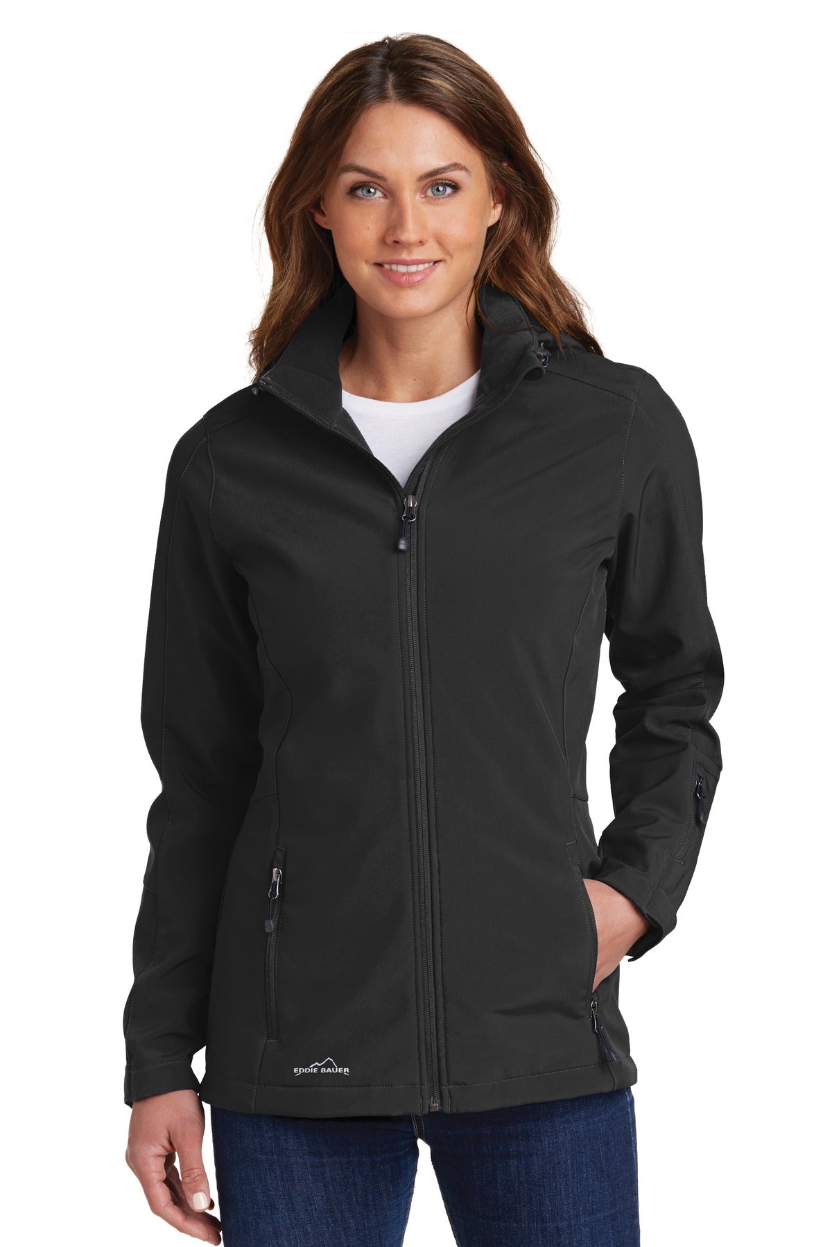 Custom logo Eddie Bauer® Women's Hooded Soft Shell Parka. EB537 in Black