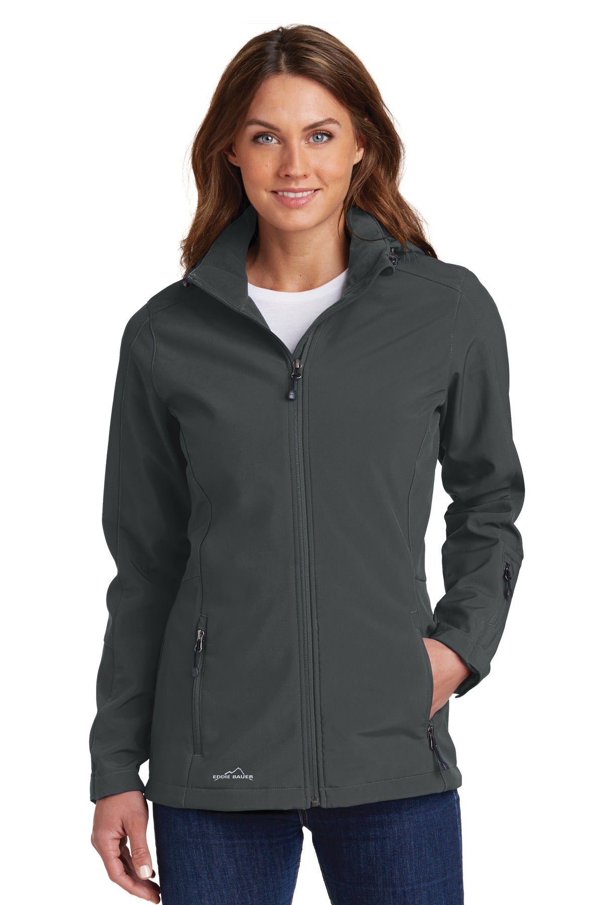 Custom logo Eddie Bauer® Women's Hooded Soft Shell Parka. EB537 in Grey Steel