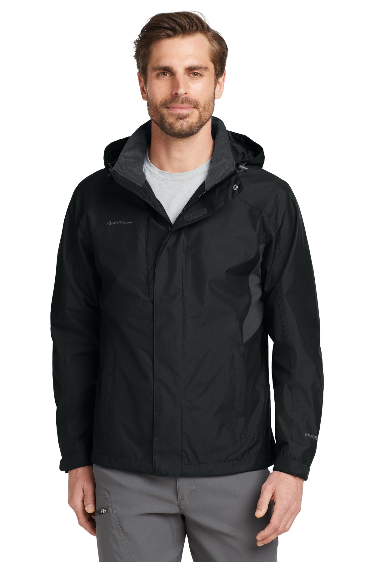 Custom logo Eddie Bauer® Rain Jacket. EB550 in Black/ Steel Grey