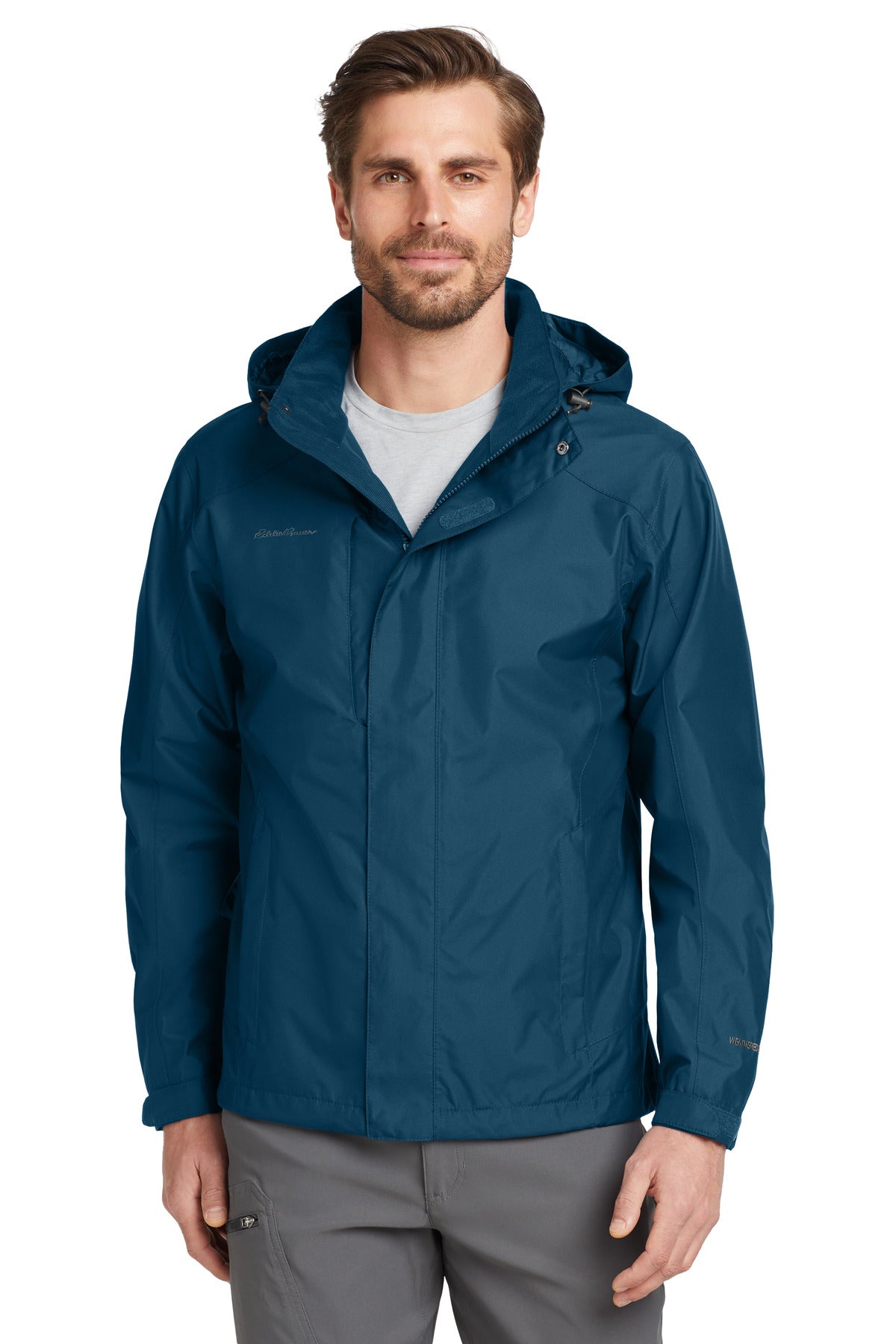 Custom logo Eddie Bauer® Rain Jacket. EB550 in Deep Sea Blue/ Dark Adriatic