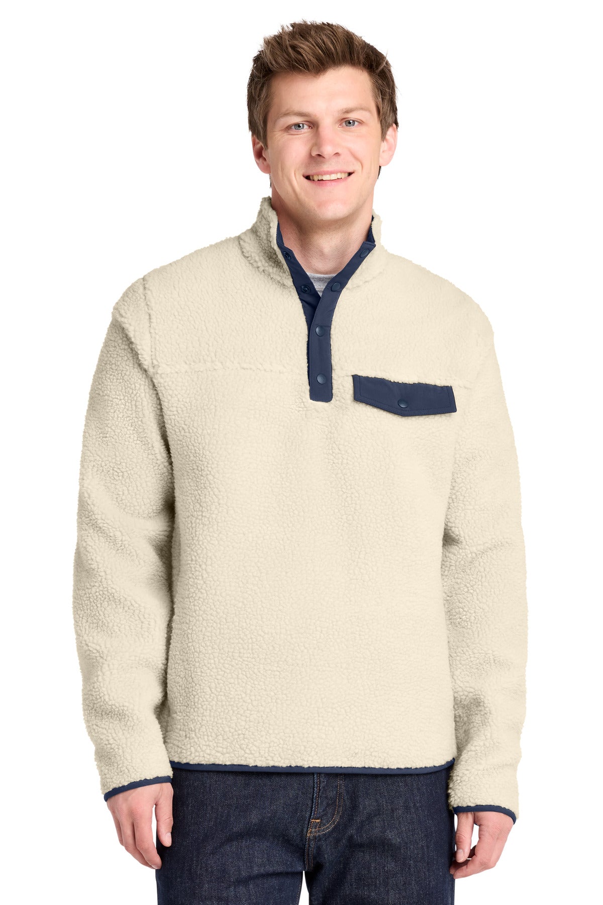Custom logo Port Authority® Camp Fleece Snap Pullover F140 in Oat/ Dress Blue Navy