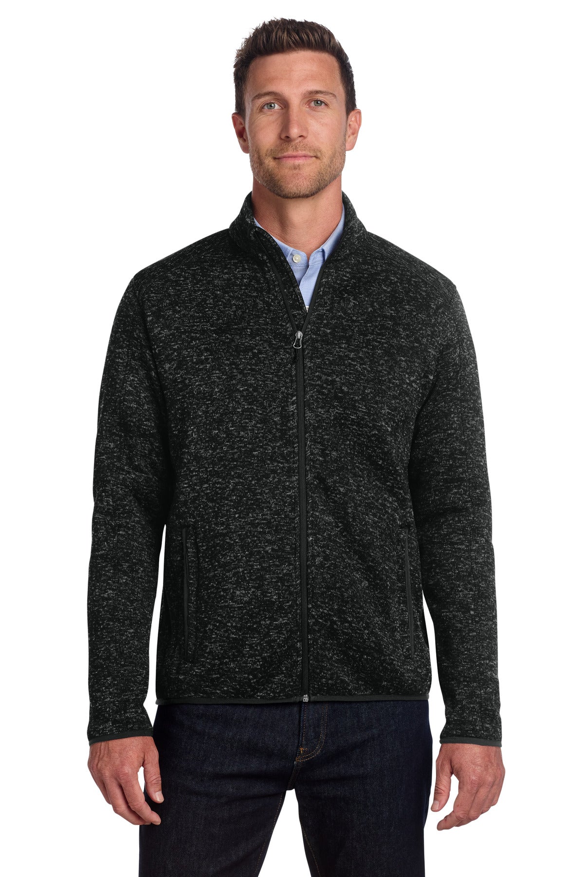 Custom logo Port Authority® Sweater Fleece Jacket. F232 in Black Heather