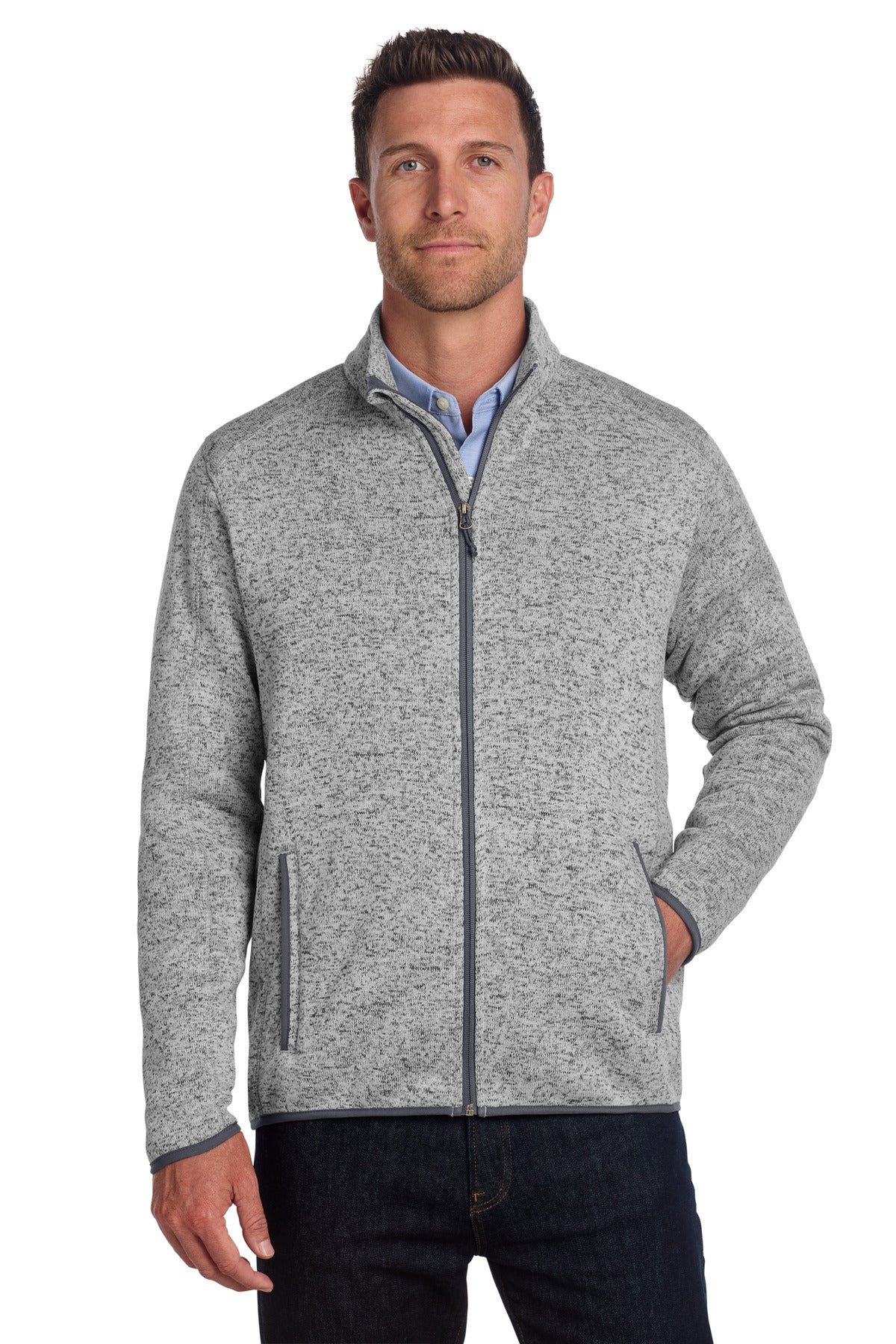 Custom logo Port Authority® Sweater Fleece Jacket. F232 in Grey Heather