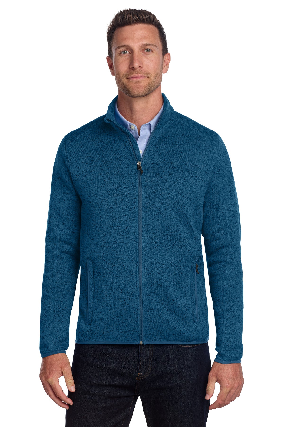 Custom logo Port Authority® Sweater Fleece Jacket. F232 in Medium Blue Heather