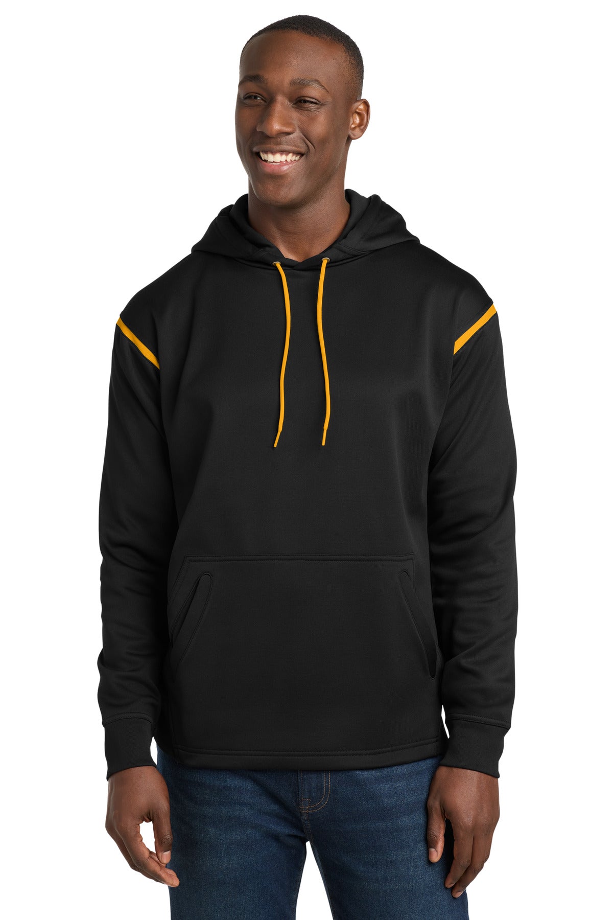 Custom logo Sport-Tek® Tech Fleece Colorblock Hooded Sweatshirt. F246 in Black/ Gold