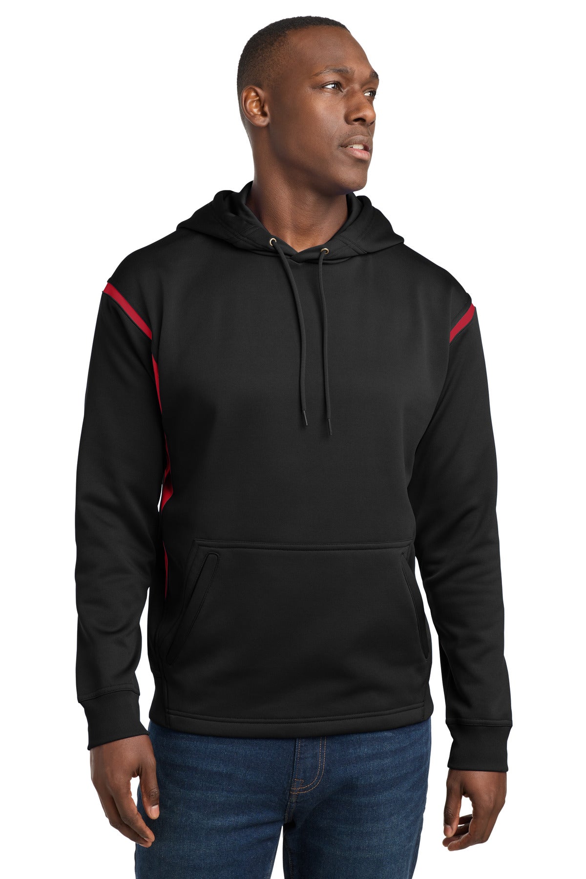 Custom logo Sport-Tek® Tech Fleece Colorblock Hooded Sweatshirt. F246 in Black/ True Red